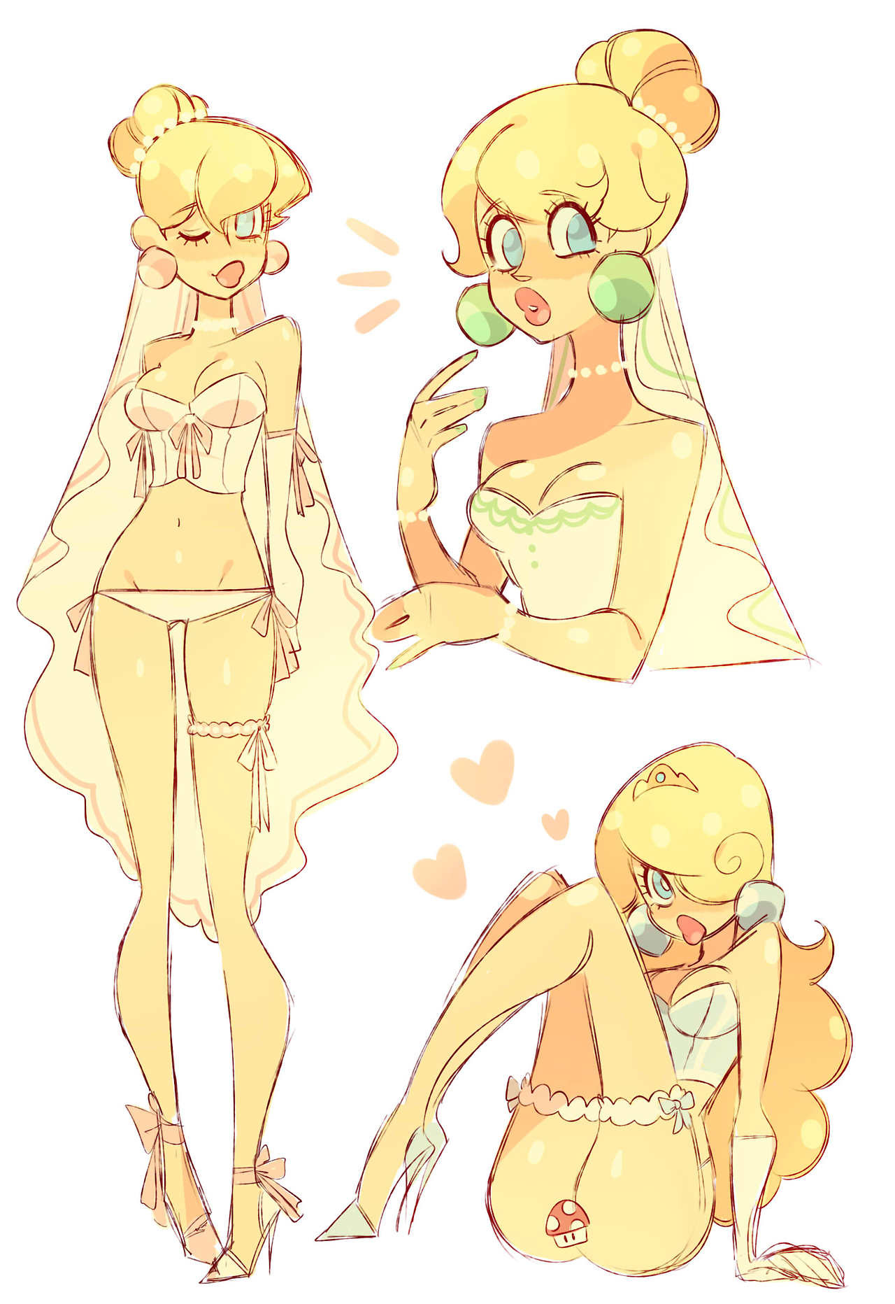 1girls, blonde hair, blue eyes, breasts, bridal veil, eva roze, female, female only, full body, high heels, lingerie, long hair, mario (series), multiple views, mushroom, nintendo, princess peach, simple background, sitting, solo, standing, tied hair, white background