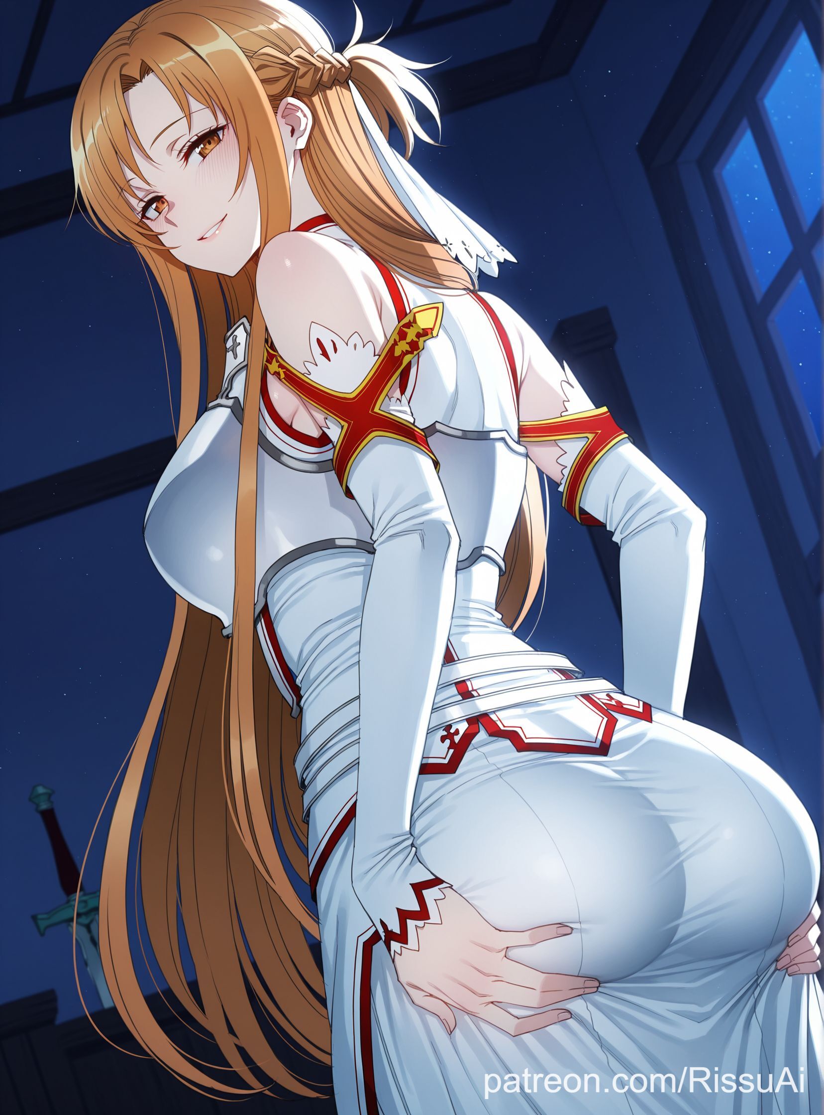 ai generated, ass focus, ass grab, bangs, big ass, big breasts, braid, brown eyes, brown hair, cute, cute face, female, female only, hair between eyes, hands on ass, horny female, inside, long hair, looking at viewer, looking back, night, rissuai, room, sexy, smile, sword art online, very long hair, white dress, yuuki asuna