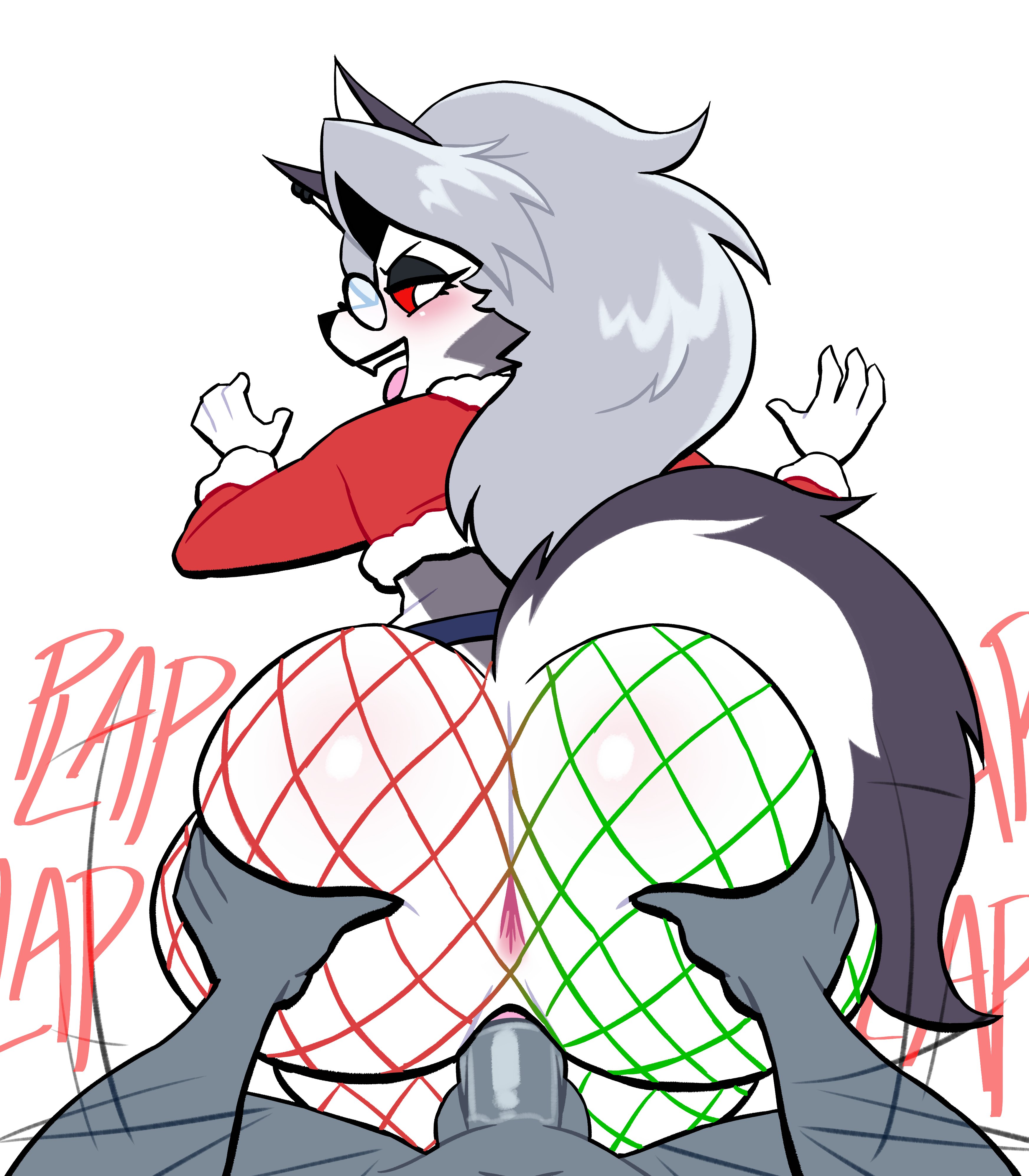 1boy, 1girls, anthro, ass grab, big ass, big butt, butt grab, christmas, demon, demon girl, doggy style, female, female focus, fishnet legwear, fur, furry, furry female, hellhound, helluva boss, humanoid, loona (helluva boss), lovetopullmicke, partial male, penis, sex, thick thighs, vaginal penetration, vaginal sex, white background, wide hips
