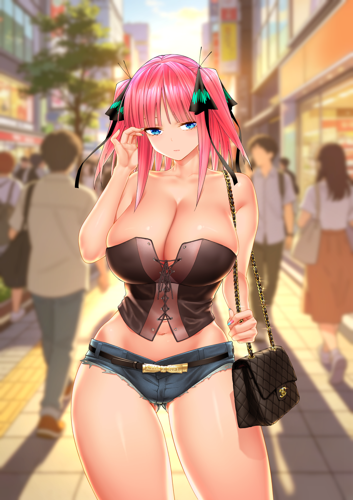 2boys, 2girls, bag, belt, black belt, black ribbon, blue eyes, blue shorts, blue sky, blush, breasts, building, butterfly hair ornament, cleavage, collarbone, commentary request, day, go-toubun no hanayome, hair ornament, handbag, highres, kosmos beta, large breasts, looking at viewer, midriff, multiple boys, multiple girls, multiple others, nakano nino, outdoors, people, pink hair, ribbon, short shorts, shorts, shoulder bag, sky, solo focus, standing, stomach, thighs, tree, variant set