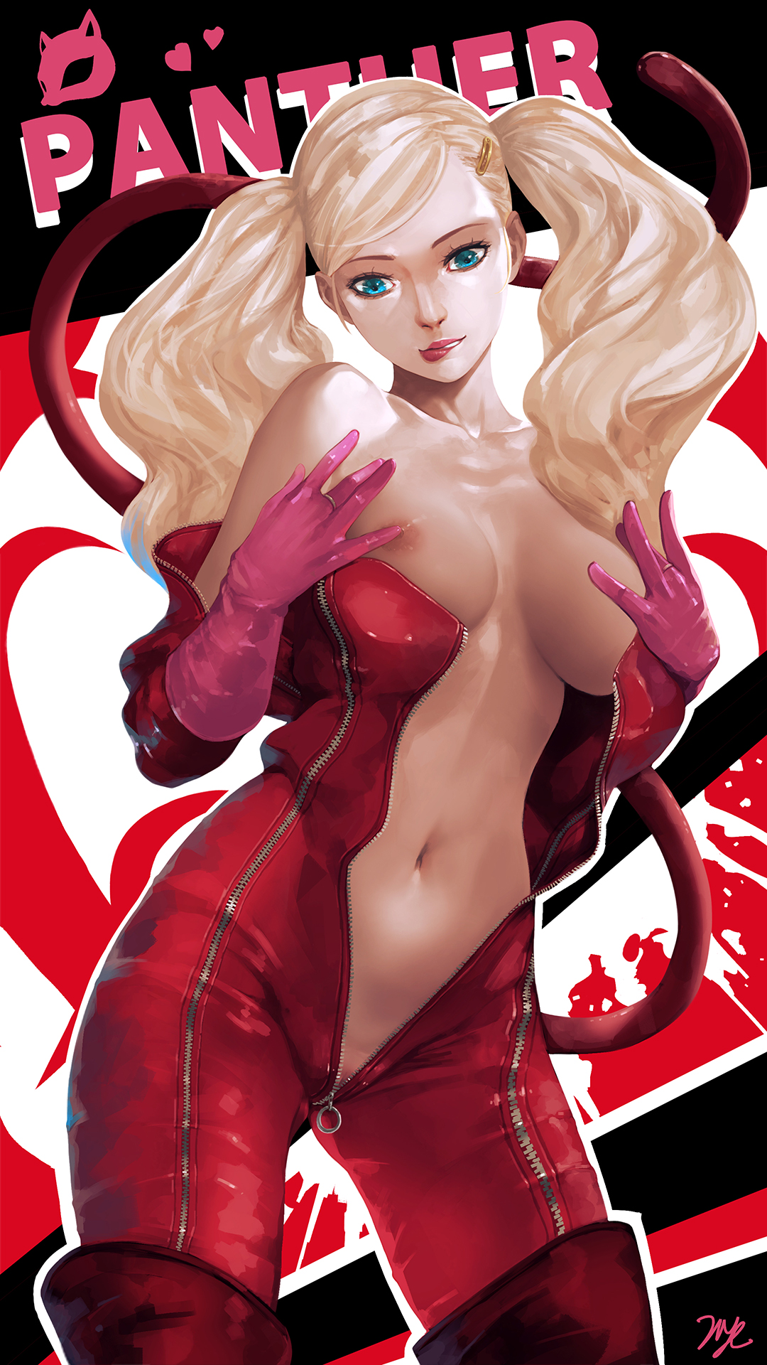 1girls, 21yc, ann takamaki, areolae, bare shoulders, belly, biting lip, blonde, blonde hair, blue eyes, bodysuit, boots, breasts, character name, clothing, color, covering, covering breasts, erect nipples, fake tail, female, female only, gauntlets, gloves, hair ornament, hairclip, highres, hips, human, large breasts, legs, legwear, light skin, long hair, looking at viewer, navel, nipple slip, nipples, pale skin, persona, persona 5, phantom thief suit, pussy, pussy peek, red boots, red legwear, red shoes, shoes, solo, standing, stomach, tail, thigh boots, thighhighs, thighs, tied hair, tight, twintails, undressing, unzipped, unzipped bodysuit, zipper, zipper pull tab