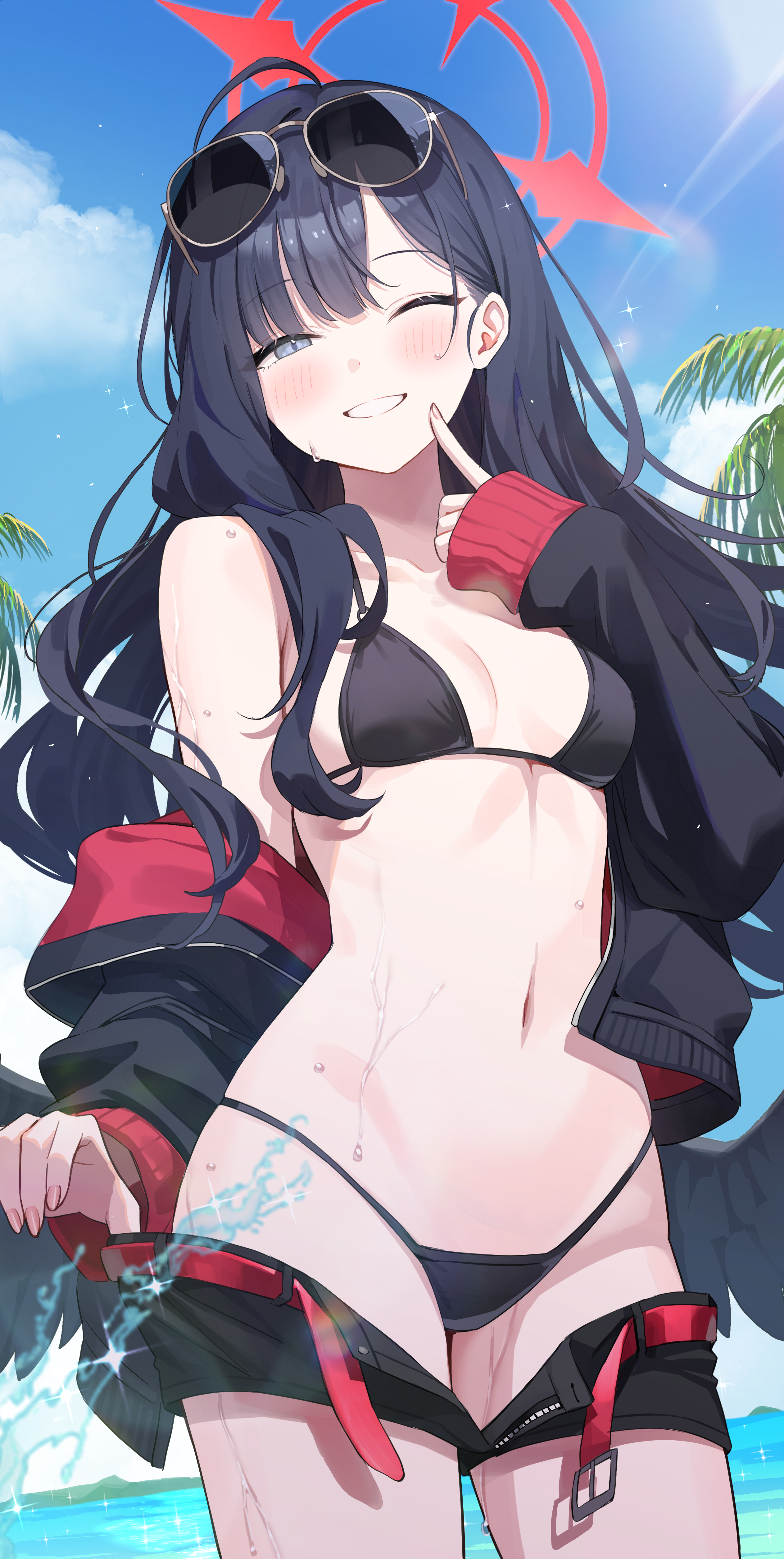 1girls, belly, black bikini, black hair, blue archive, ichika (blue archive), long hair, looking at viewer, momoimon, sunglasses on head