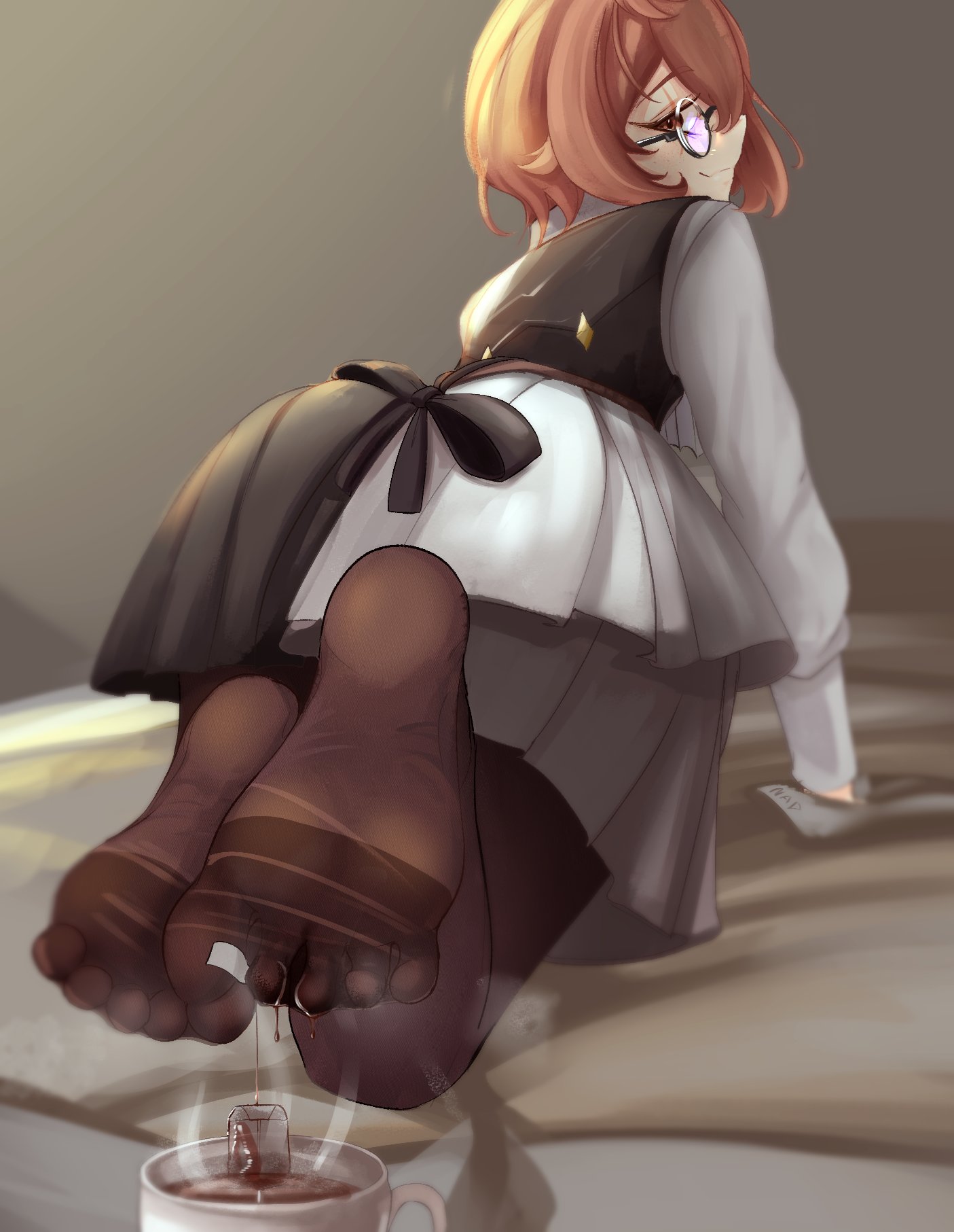 apron, black vest, bow, brown hair, clio aite, cup, dripping, feet, feet fetish, female, foot fetish, foot focus, glasses, highres, liquid, looking back, maid, mature female, nad (gon4d), older female, pantyhose, phase connect, scar, scar across eye, scar on face, shirt, short hair, skirt, smile, soles, tea, toes, vest, virtual youtuber, white shirt