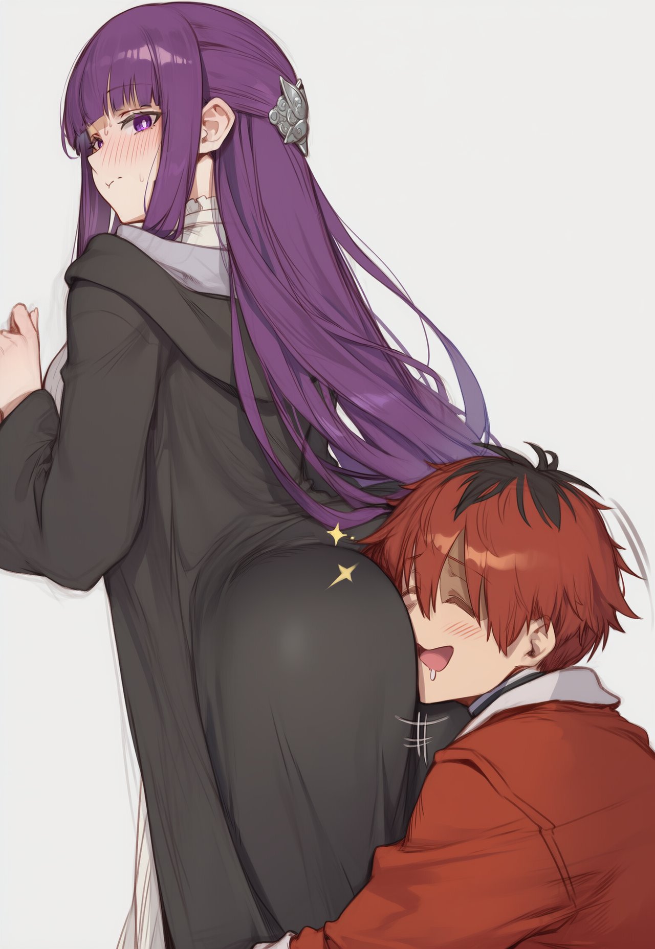 1boy, 1girls, ai generated, ass, ass worship, bangs, big ass, blush, closed eyes, female, fern (sousou no frieren), happy, happy male, huge ass, long hair, looking back, malesub, purple eyes, purple hair, red hair, setsuaiart, sousou no frieren, stark (sousou no frieren), very long hair