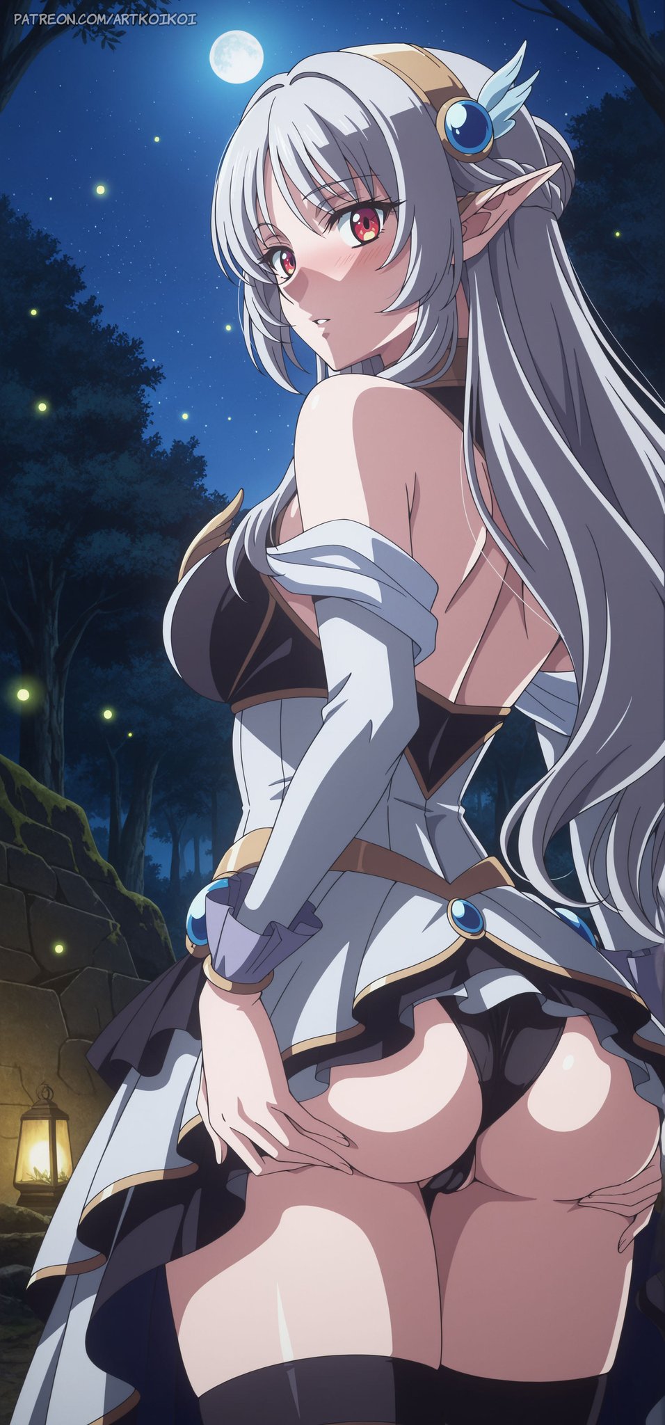 ai generated, amelia rosequartz, artkoikoi, elf, female, long hair, looking at viewer, looking back, my status as an assassin obviously exceeds the hero's, panties, pointy ears, red eyes, solo, spread ass, thighhighs, thighs, white hair