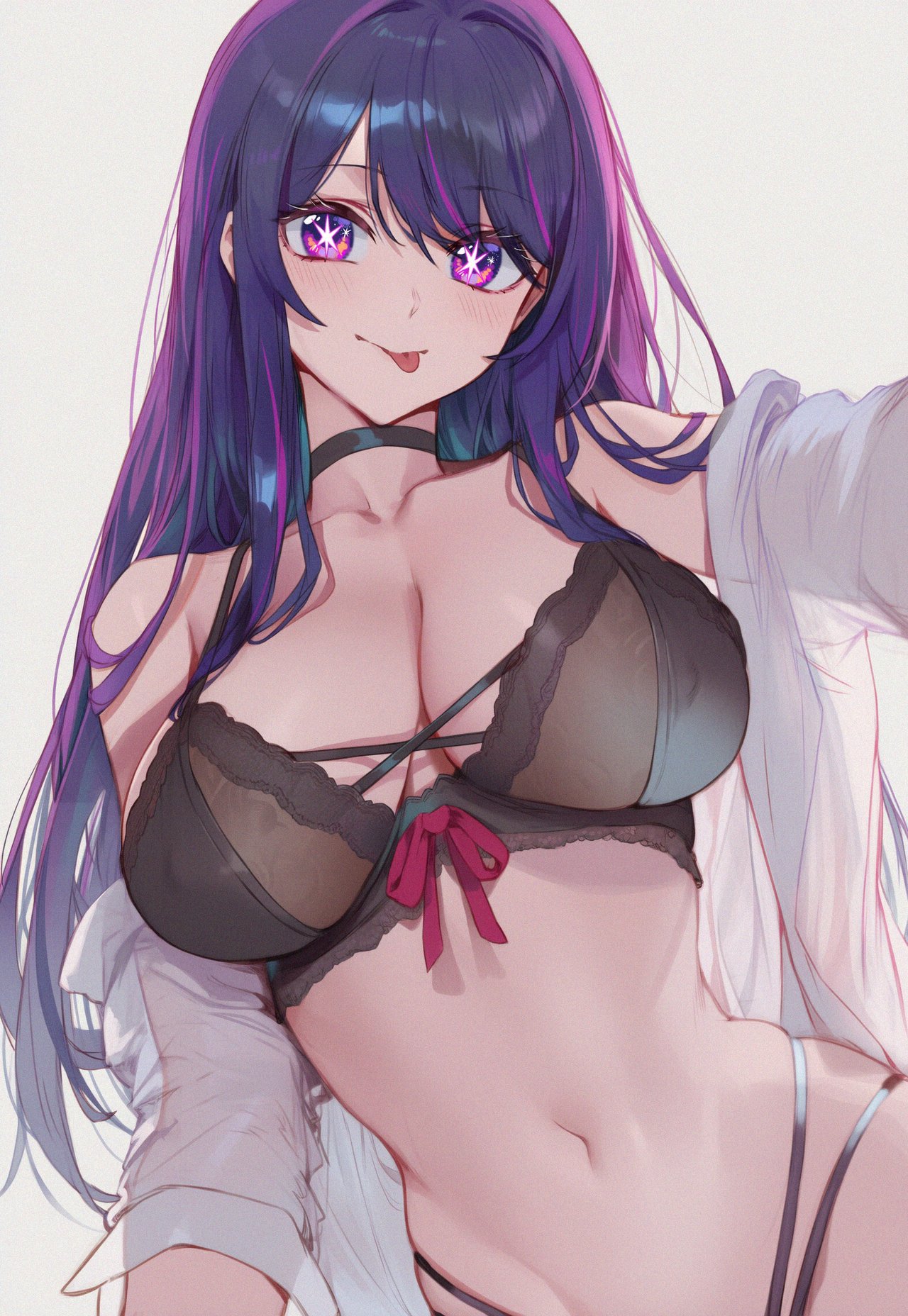 1girls, ai generated, big breasts, bikini, black bra, black panties, blue hair, bra, breasts, choker, cleavage, hoshino ai, large breasts, long hair, looking at viewer, multicolored hair, navel, oshi no ko, panties, purple eyes, purple hair, setsuaiart, shirt, solo, stomach, streaked hair, tongue, tongue out, underwear, white shirt