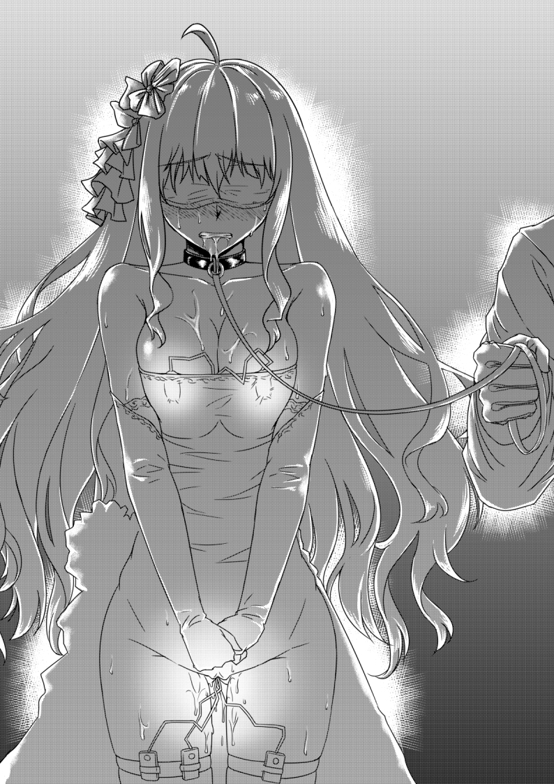 1boy ahoge ass_visible_through_thighs bare_shoulders blindfold blush breast_squeeze breasts cleavage clenched_teeth collar collarbone cowboy_shot dress drooling elbow_gloves female flower gloves glowing greyscale hair_between_eyes hair_flower hair_ornament hands_together kongou_(zhan_jian_shao_nyu) large_breasts leash long_hair monochrome nose_blush object_insertion pussy_juice see-through solo_focus sweat teeth thighhighs vaginal_object_insertion vaginal_penetration vibrator vibrator_in_thighhighs wedding_dress xiexilai zhan_jian_shao_nyu