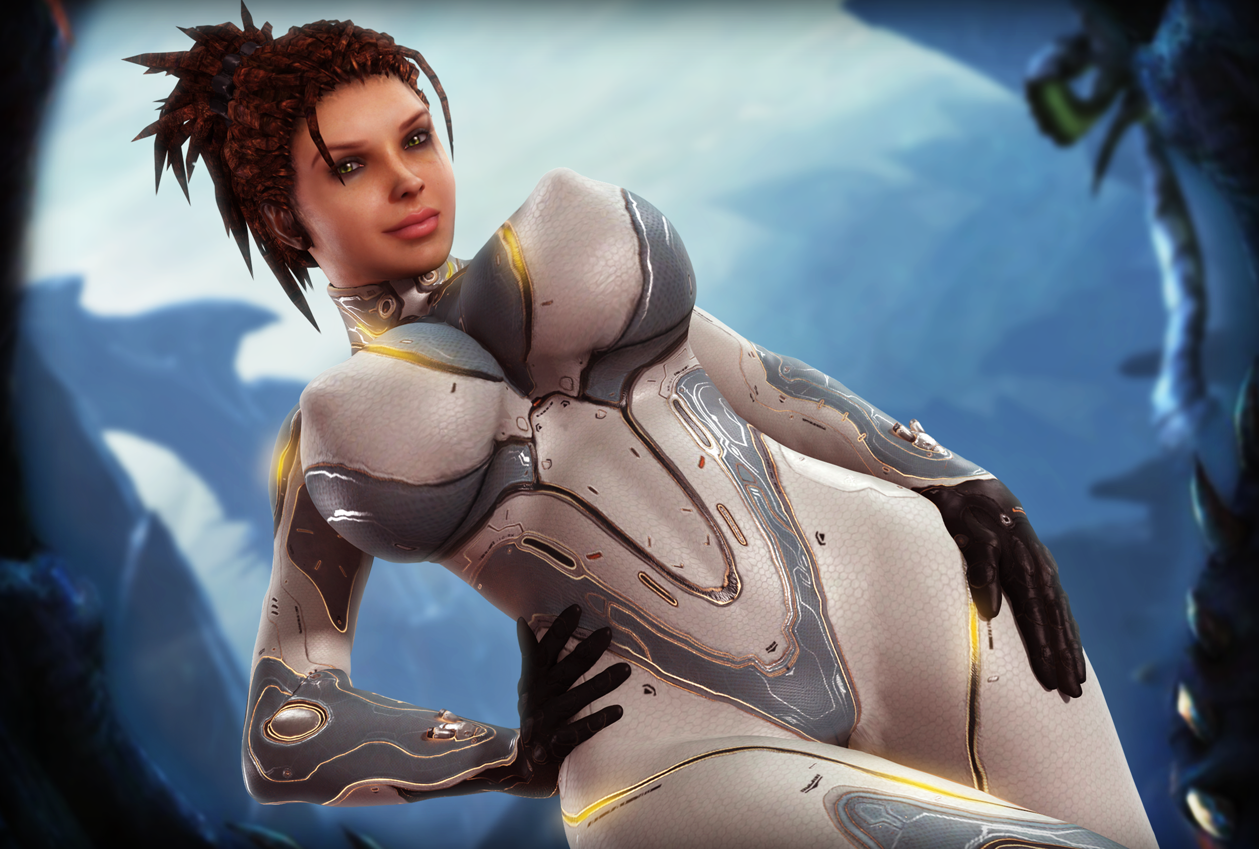 1girls, 3d, bodysuit, breasts, brown hair, clothed, erect nipples under clothes, female, female only, ghost (starcraft), green eyes, huge breasts, human, rasmus-the-owl, sarah kerrigan, solo, solo female, starcraft, starcraft 2, terran, wide hips