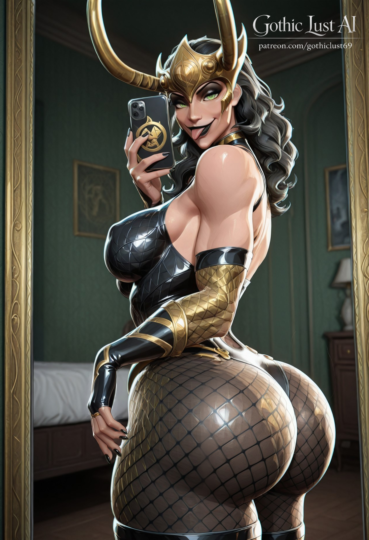 ai generated, ass, ass focus, big ass, big breasts, black hair, black lipstick, busty, camera, cellphone, dominant, evil smile, femdom, goth, goth girl, gothic, gothiclustai, lady loki, lady loki (marvel rivals), lingerie, loki (marvel rivals), loki (marvel), marvel, marvel comics, marvel rivals, mirror, mirror selfie, new year, provocative, queen, selfie, size difference, taller female