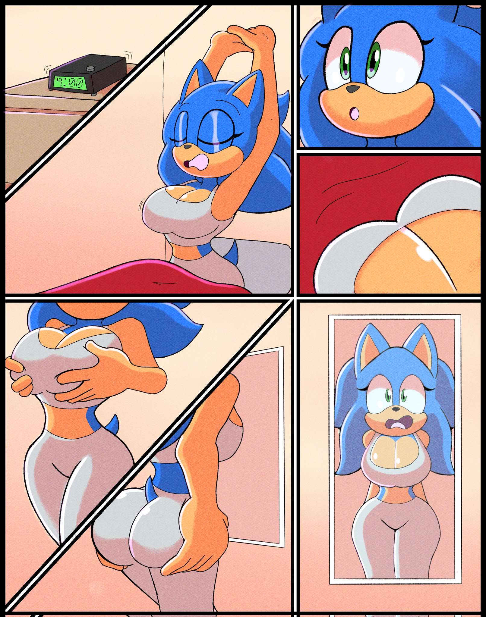 alarm clock, artist request, big ass, big breasts, blue body, blue fur, comic, comic page, female, female focus, female only, green eyes, holding ass, holding breast, mirror, mirror reflection, morning, rule 63, solo, sonic (series), sonic the hedgehog, sonic the hedgehog (series), sonique the hedgehog, source request, stretching, transfem, transformation, waking up, white shorts, white topwear