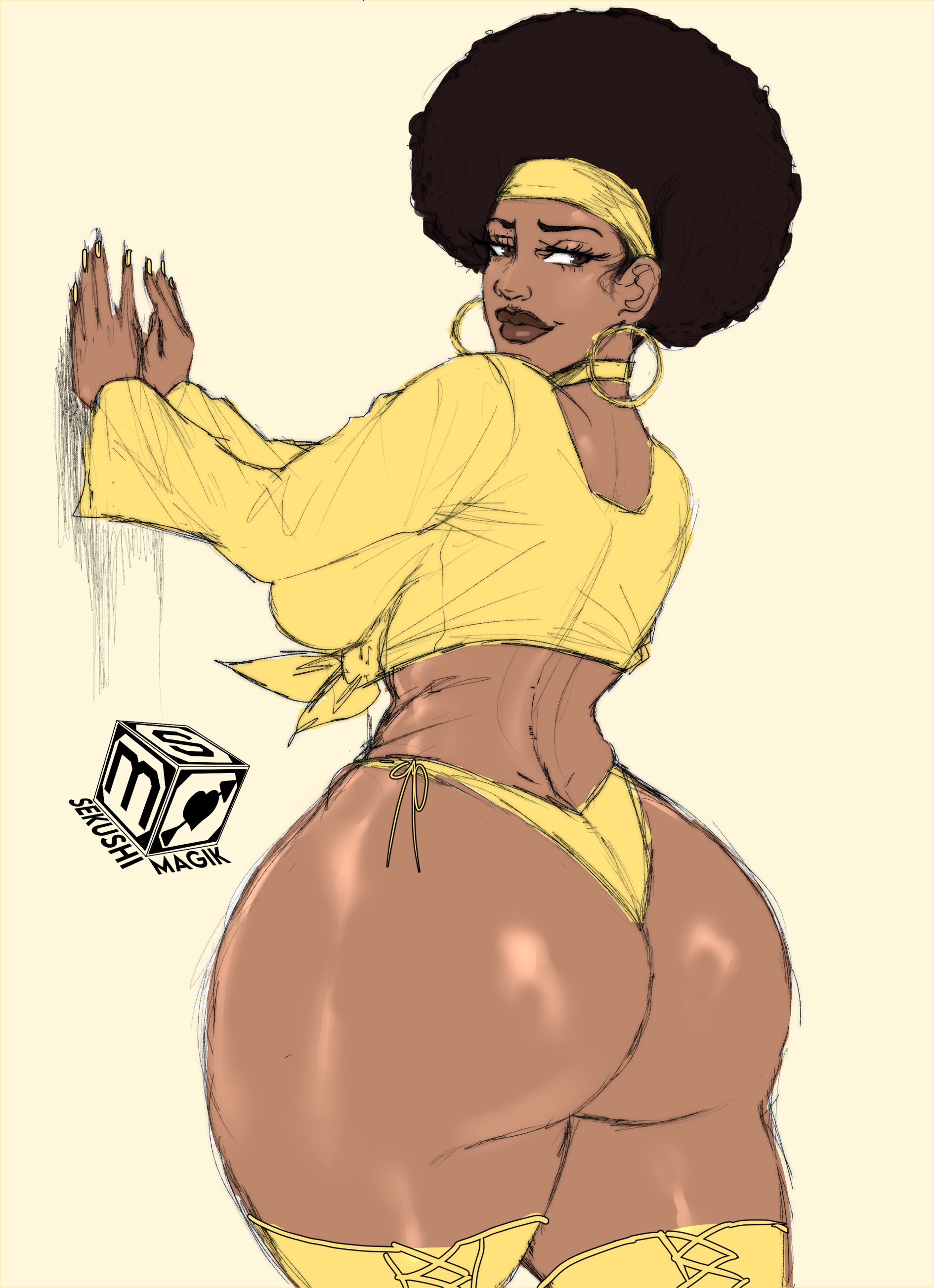 1female, 1girls, 2d, 2d (artwork), african female, afro, against wall, ass, ass focus, big ass, big breasts, big lips, black dynamite, boots, breasts, brown lips, bubble butt, chocolate girl, color, dark skin, dark-skinned female, dat ass, dumptruck ass, ebony, ebony female, enormous ass, fat ass, female, female focus, female only, from behind, front-tie top, gigantic ass, honey bee (black dynamite), hoop earrings, hoop earrings oversized, huge ass, looking back, mature, mature body, mature figure, mature woman, milf, mommy, round ass, sekushimagik, solo, solo female, thick, thick ass, thick thighs, thigh boots, thighs, thong, voluptuous, voluptuous female, wide hips, yellow boots