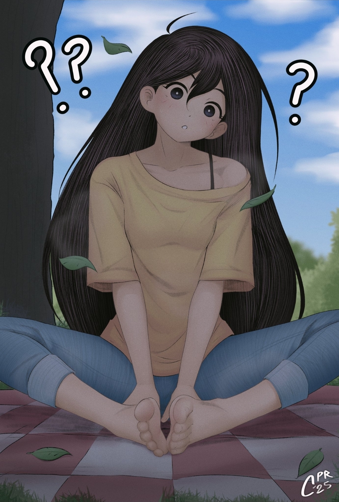 ?, barefoot, black hair, blouse, bra strap, cabronpr, cute, feet, foot fetish, fully clothed, fully clothed female, jeans, long hair, mari (omori), omori, picnic, picnic blanket, question mark, rolled up pants, short sleeves, toes, wholesome