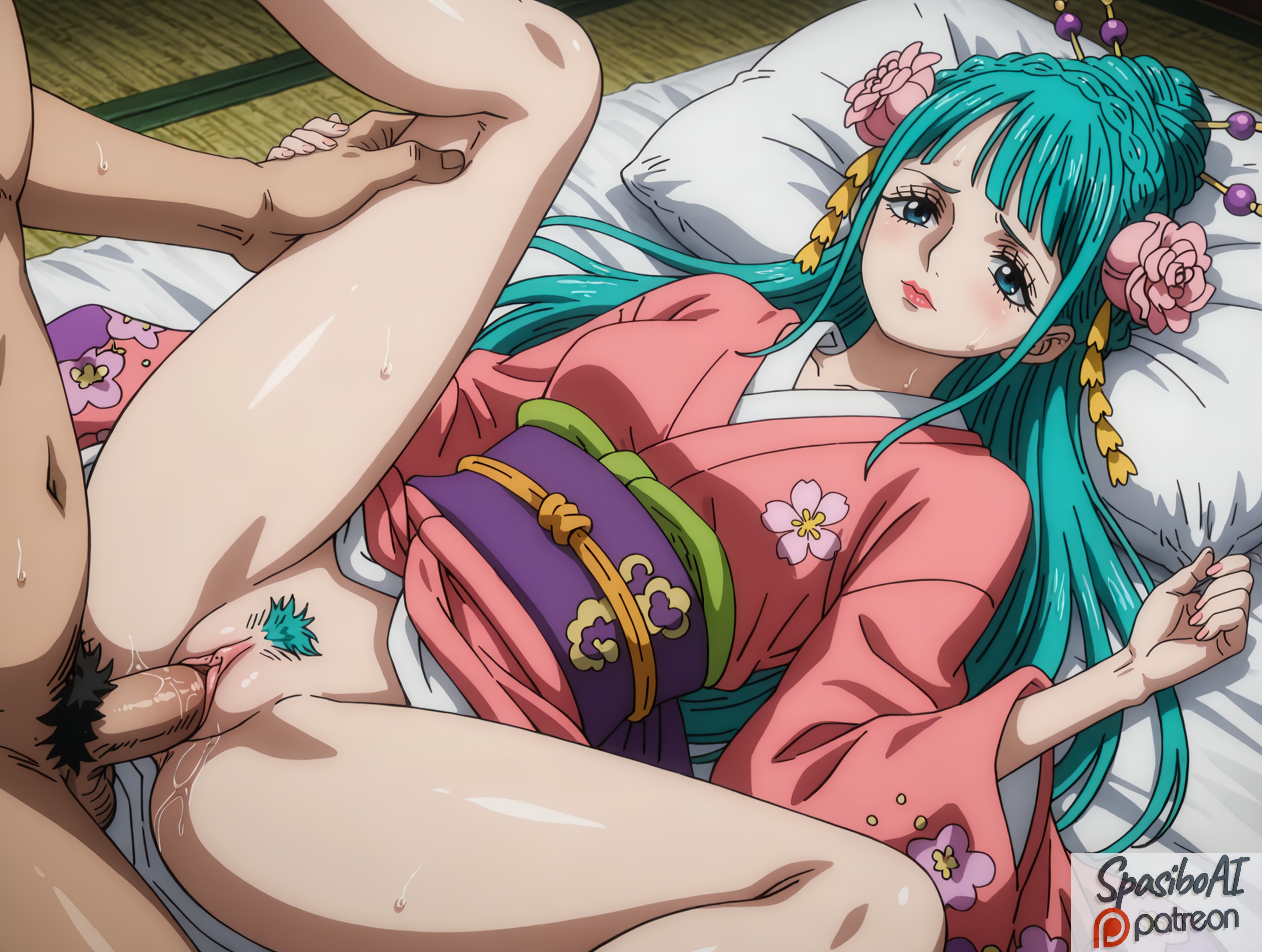 1boy, 1girls, ai generated, aqua hair, blue eyes, blue hair, breasts, clothed female nude male, clothed sex, female, female pubic hair, flower print, green hair, green-haired female, hair ornament, hair stick, japanese clothes, kemono, kozuki hiyori, long hair, makeup, male, male pubic hair, missionary, missionary position, nails, one piece, penis, pink nails, pubic hair, sex, spasibo15, straight, vaginal penetration, vaginal sex