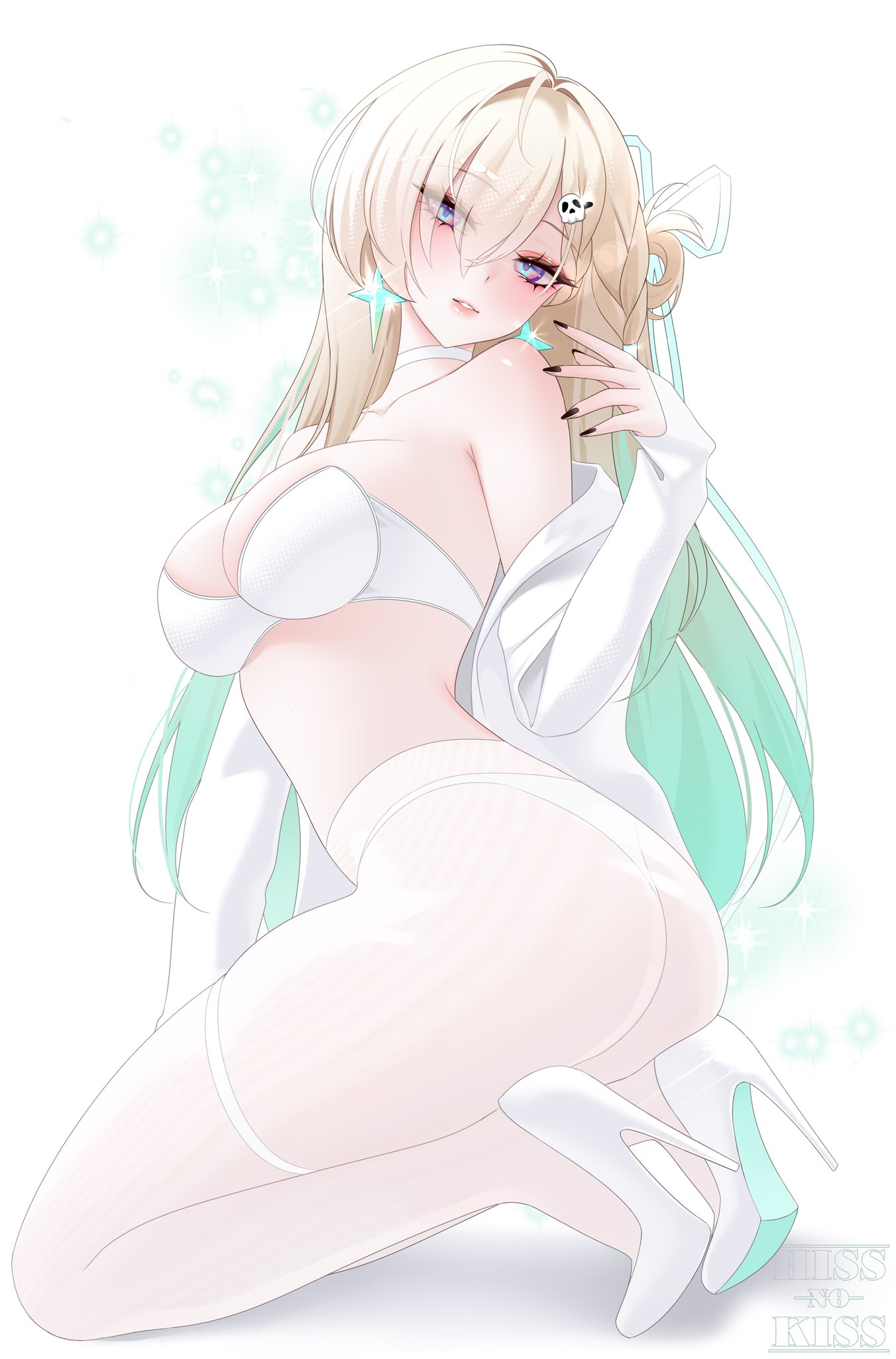 1girls, blonde female, blonde hair, blonde-haired female, blue eyes, breasts, exposed breasts, female, female only, lingerie, long hair, lynae (wuthering waves), pantyhose, white lingerie, white pantyhose, wuthering waves