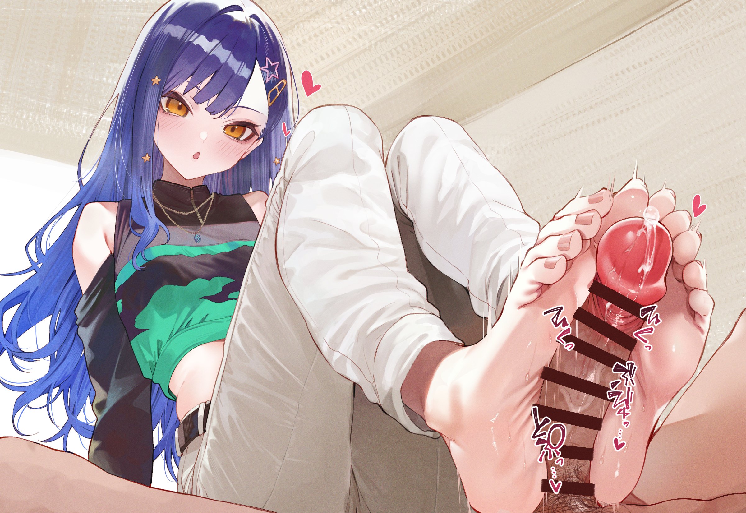 :o, 1boy, bar censor, bare shoulders, barefoot, belt, black belt, black shirt, blue hair, breasts, censored, cropped shirt, detached sleeves, feet, female, footjob, green shirt, hair ornament, heart, highres, indoors, jewelry, long hair, long sleeves, male pubic hair, medium breasts, midriff, necklace, open mouth, orange eyes, pants, penis, precum, project sekai, pubic hair, shiraishi an, shirt, sleeveless, sleeveless shirt, solo focus, sound effects, star (symbol), star hair ornament, straight, suujiniku, toenails, toes, two-footed footjob, white pants
