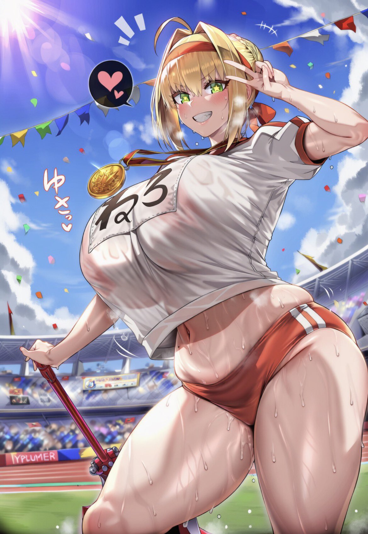 1girls, ahoge, ai generated, bangs, big breasts, blonde hair, blue sky, blush, braid, breasts, buruma, confetti, fate (series), fate/grand order, fate/stay night, female, french braid, green eyes, grin, gym shirt, gym uniform, hair bun, hair intakes, headband, heart, large breasts, looking at viewer, medal, name tag, navel, nero claudius (fate), nero claudius (olympian bloomers), red buruma, redilus, shirt, short sleeves, sky, smile, stadium, thick thighs, thighs, v, white shirt