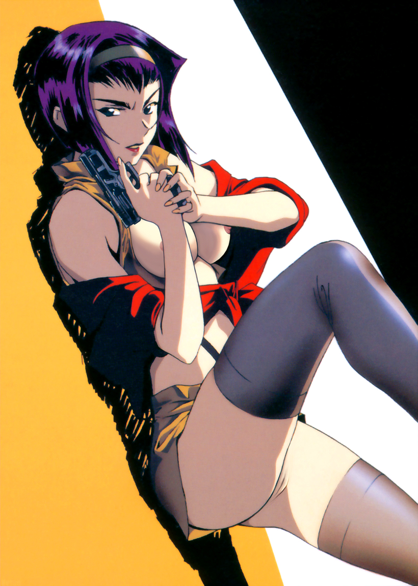 black background, black hair, cowboy bebop, faye valentine, female, female only, gun, solo, tagme, weapon, white background, yellow background