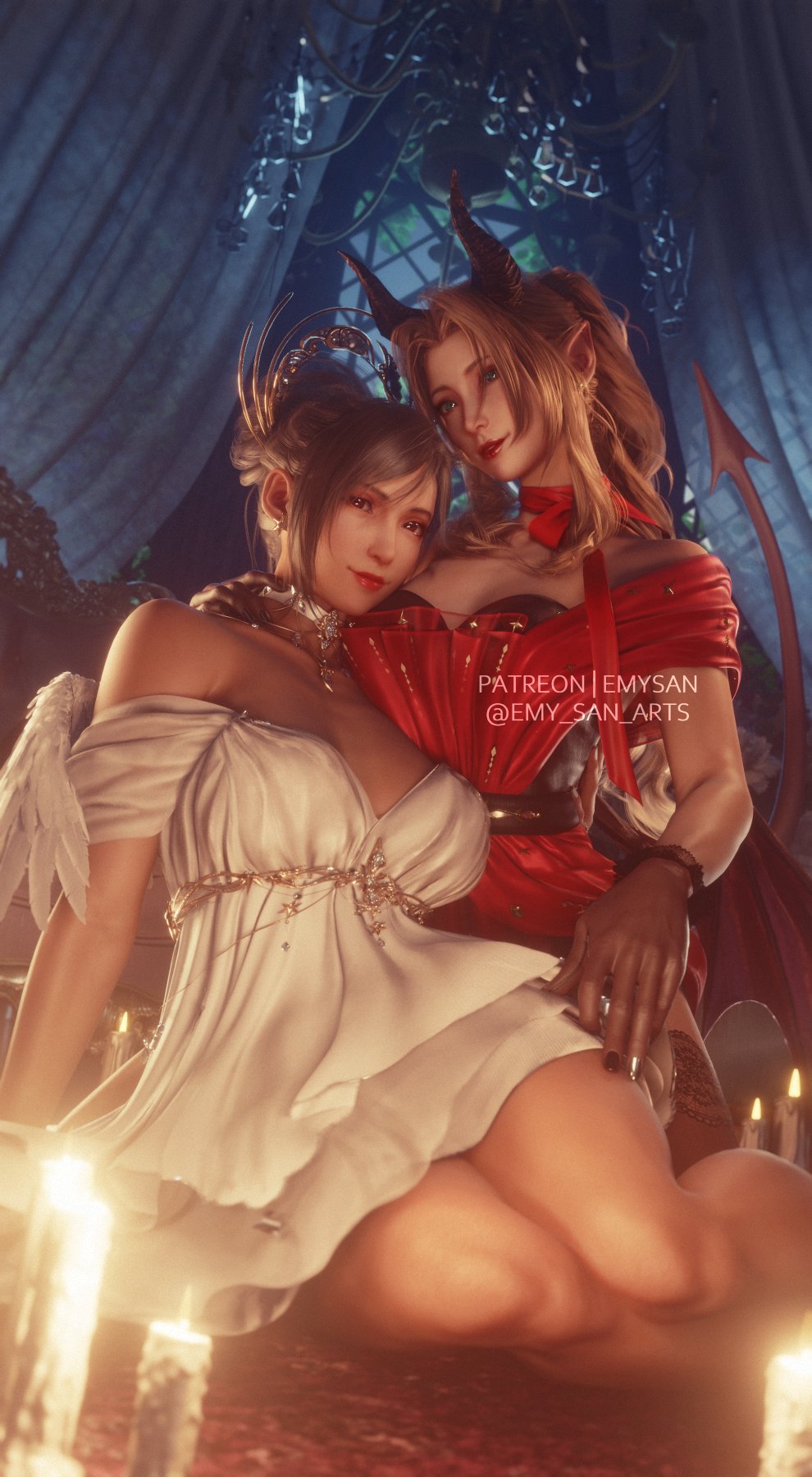 2girls, 3d, 3d (artwork), 3d model, 3d render, aerith gainsborough, angel, angel costume, angel wings, black hair, brown hair, candle, candles, choker, cleavage, costume, devil, devil costume, devil horns, devil tail, dress, emy-san, final fantasy, final fantasy vii, final fantasy vii rebirth, final fantasy vii remake, fit, gloves, green eyes, hair ornament, halloween, hand on leg, hand on neck, highres, horns, laying on floor, long hair, looking at viewer, painted nails, patreon username, posing for the viewer, red dress, red eyes, sitting, sitting on floor, tail, tifa lockhart, touching leg, twitter username, white dress