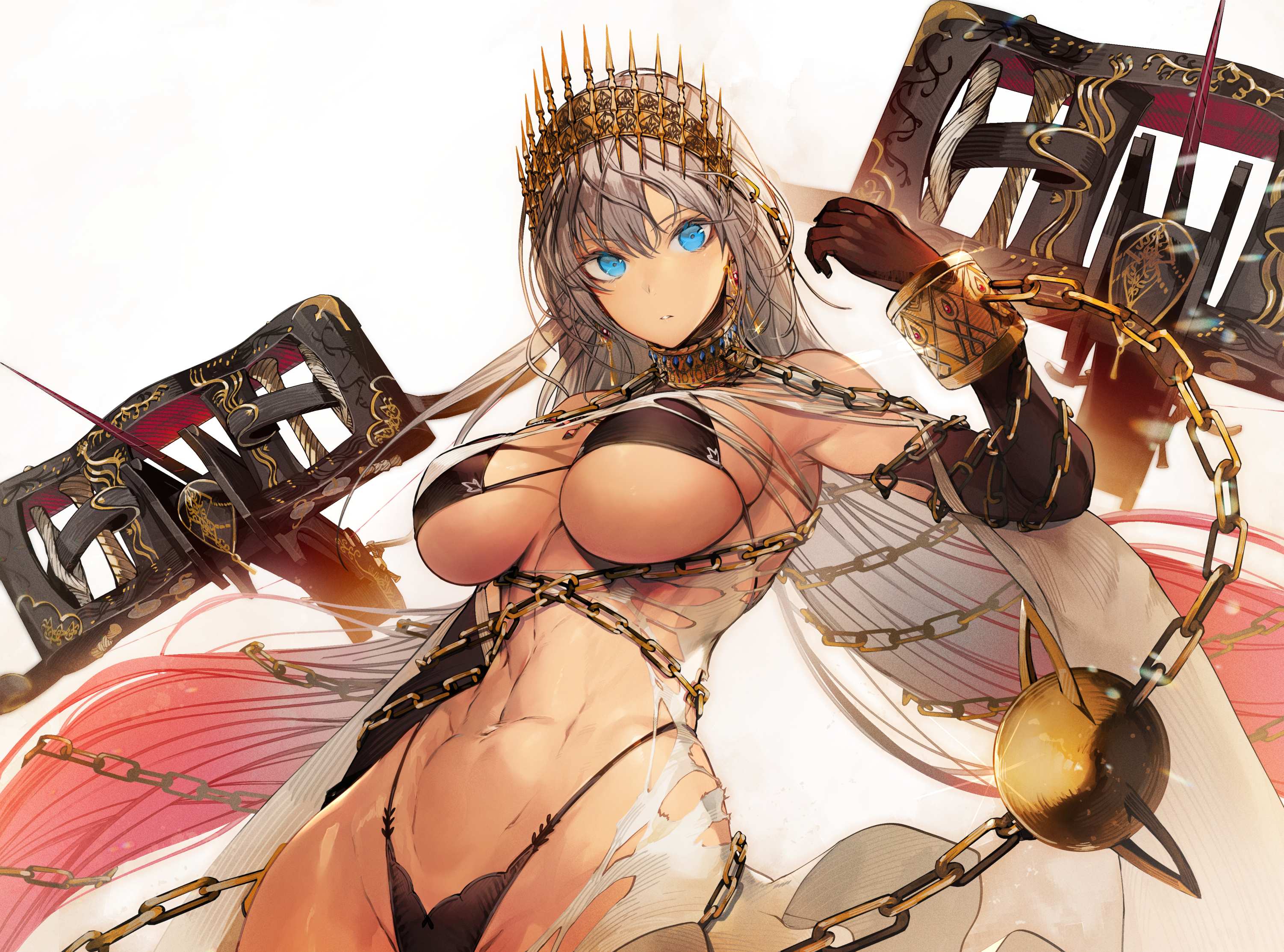 1girls, 2d, 2d (artwork), 2d artwork, absurdly long hair, adult, adult female, armpit, armpit crease, armpit peek, armpits, bare armpits, bare belly, bare chest, bare hands, bare hips, bare legs, bare midriff, bare navel, bare shoulders, bare skin, bare thighs, belly, belly button, big breasts, bikini, bikini bottom, bikini only, bikini top, black bikini, black bikini bottom, black bikini top, black elbow gloves, black gloves, black long gloves, black micro bikini, black string bikini, black swimsuit, black swimwear, blank expression, blank eyes, blank stare, blue eyes, blue-eyed female, breasts, brown skin, brown skinned female, brown-skinned female, busty, busty female, busty girl, collarbone, crown, curvaceous, curvaceous body, curvaceous female, curvaceous figure, curvaceous hips, curvy, curvy body, curvy female, curvy figure, curvy hips, digital, digital art, digital drawing, digital drawing (artwork), digital media, digital media (artwork), elbow gloves, elbows, emotionless, exposed armpits, exposed belly, exposed chest, exposed hips, exposed legs, exposed midriff, exposed navel, exposed shoulders, exposed skin, exposed thighs, fate (series), fate/grand order, female, female focus, female only, fingers, gloves, gold bracelet, gold chain, gold earrings, gold jewelry, gradient hair, grey eyebrows, grey hair, grey-haired female, groin, hair between eyes, hair ornament, hair ornaments, hairless armpits, halterneck, head tilt, high resolution, highres, hourglass figure, huge boobs, huge breasts, inframammary fold, inguinal crease, inguinal ligament, large boobs, large breasts, lean figure, linea alba, long gloves, long hair, looking at viewer, mature, mature female, micro bikini, midriff, multicolored hair, narrow waist, navel, neutral expression, nishiide kengorou, plump breasts, shaved armpits, shoulders, simple background, slender body, slender waist, slim waist, solo, standing, stomach, string bikini, swimsuit, swimwear, thick thighs, thighs, thong bikini, tilted head, underboob, upper body, very long hair, very long hair female, white background, wide hips, zenobia (fate)