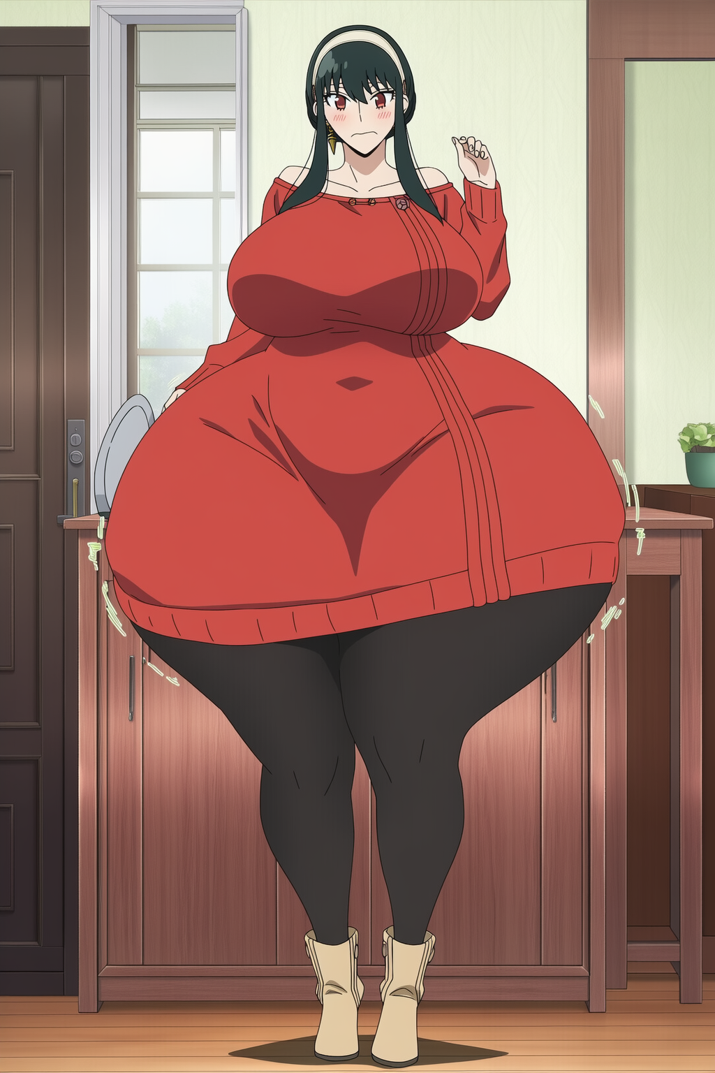 ai generated, black hair, full body, goldencum34, massive ass, massive breasts, massive butt, massive hips, milf, navel visible through clothes, spy x family, thick thighs, wide hips, wide thighs, yor briar, yor forger