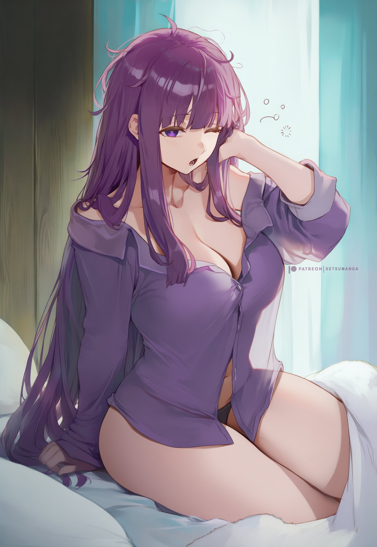 ;o, 1girls, ai generated, bangs, bare shoulders, bed, big breasts, breasts, cleavage, collarbone, eyebrows visible through hair, fern (sousou no frieren), indoors, large breasts, long hair, long sleeves, messy hair, on bed, one eye closed, panties, purple eyes, purple hair, rubbing eyes, setsuaiart, shirt, sitting, sleepy, solo, sousou no frieren, underwear, waking up, yawning