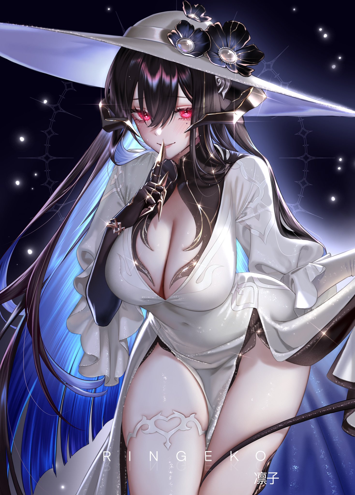 belly button, big breasts, blue hair, brown hair, claws, constance (honkai: star rail), dark background, female, female focus, female only, gloves, honkai: star rail, light-skinned female, red eyes, ringeko chan, the dahlia (honkai: star rail), thighhighs, thighs, white dress, white hat