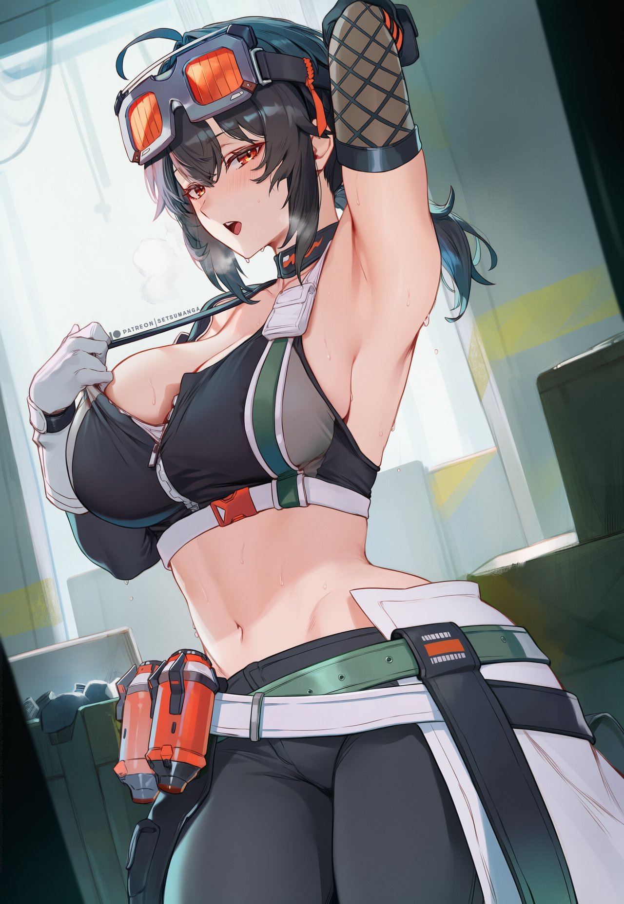 1girls, ahoge, ai generated, armpits, bangs, bare shoulders, belt, big breasts, black gloves, black hair, blush, breasts, choker, cleavage, elbow gloves, eyewear on head, gloves, grace howard, large breasts, long hair, looking at viewer, midriff, navel, open mouth, pants, red eyes, setsuaiart, sidelocks, sports bra, sweat, tongue, zenless zone zero