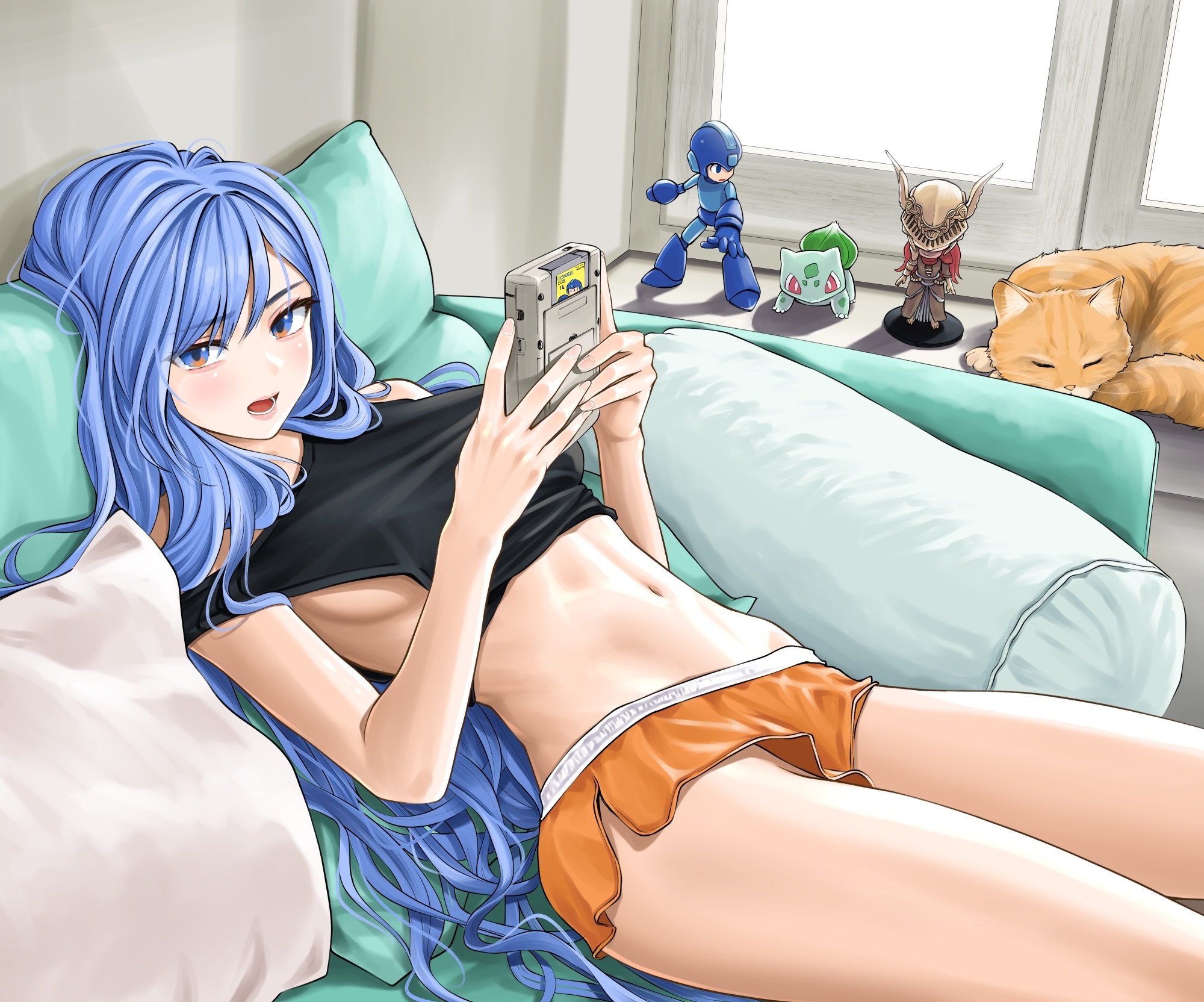 blue hair, bulbasaur, chaesu, female torso, gameboy, laying, malenia blade of miquella, mega man, minah, oc, original, original character, sideboob, tagme