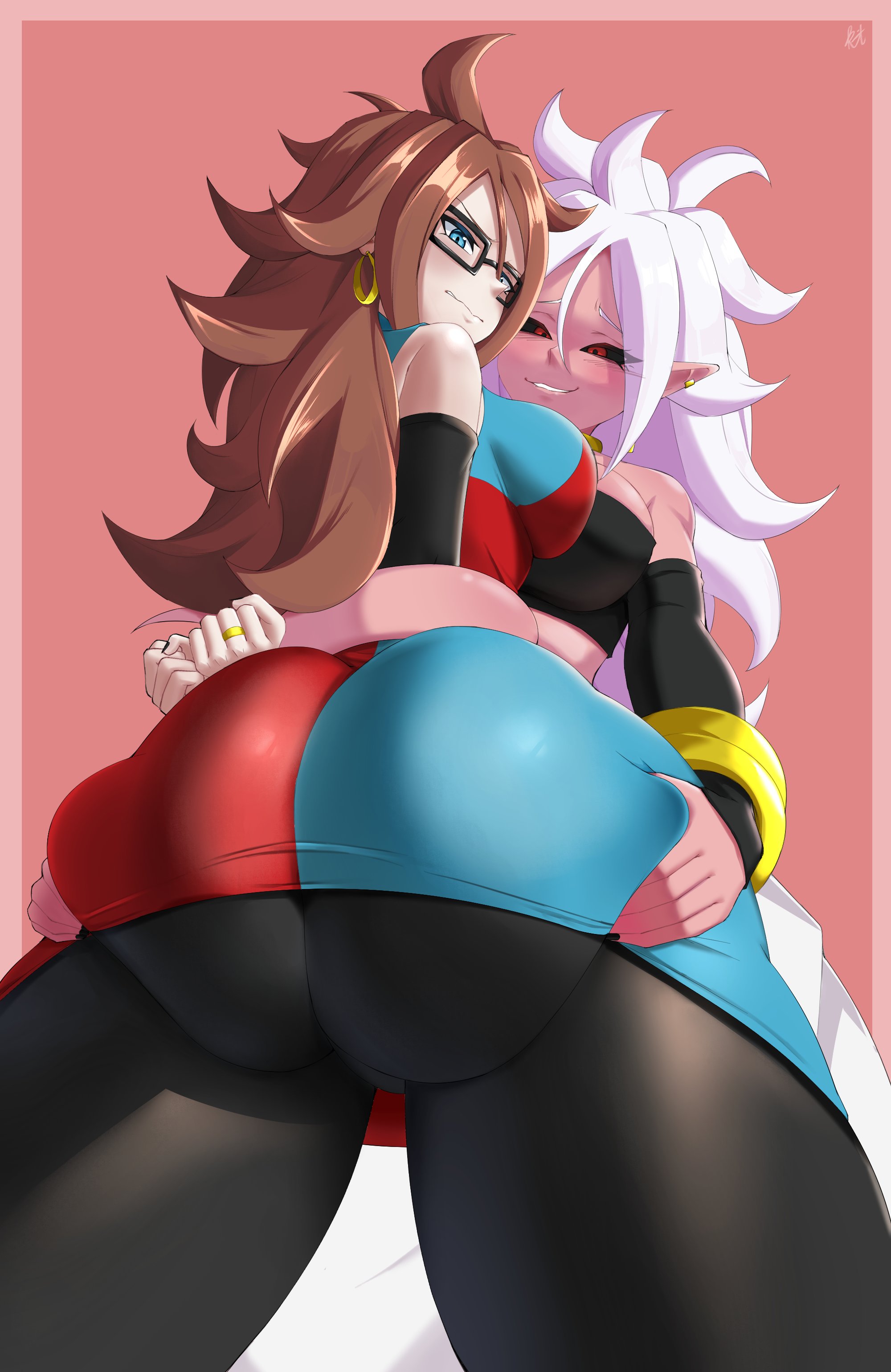 2girls, android 21, android 21 (evil), android 21 (human), ass, ass grab, big ass, big breasts, black sclera, blue eyes, breasts, brown hair, checkered, clarkekitsp, curly hair, detached sleeves, dragon ball, dragon ball fighterz, dress, dual persona, earrings, female, female only, glasses, hoop earrings, jewelry, large breasts, looking at viewer, looking back, multicolored clothes, multiple girls, nail polish, pantyhose, pink skin, pointy ears, red eyes, ring, smile, tagme, white hair, yuri