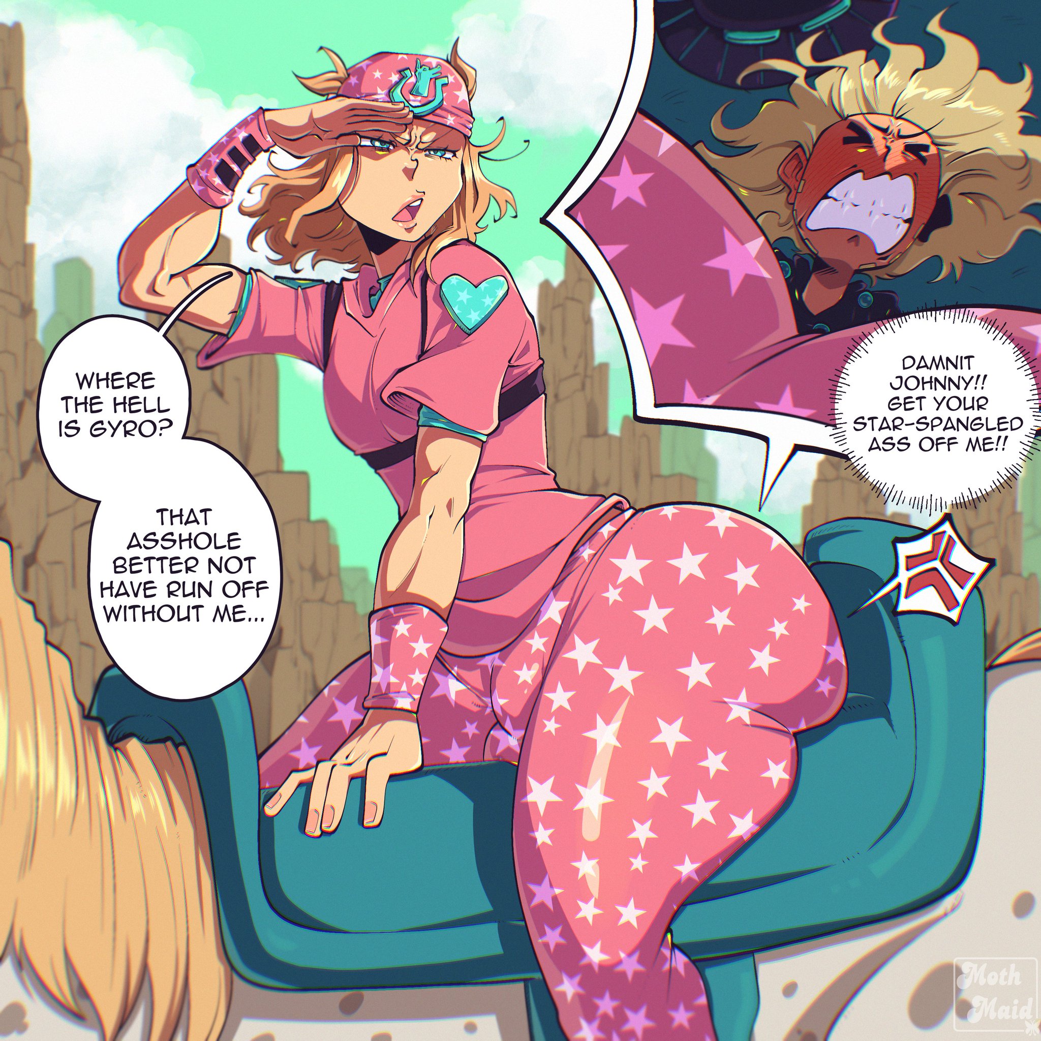 1femboy, 2boys, butt crush, butt smother, dialogue, femboy, gay, giant, giant ass, giant femboy, giant male, gyro zeppeli, huge ass, johnny joestar, jojo's bizarre adventure, macro, macro male, male only, micro, moth maid, pink clothing, slow dancer (jjba), steel ball run, tagme, text, text bubble, tiny male, unaware, unaware buttcrush, yaoi