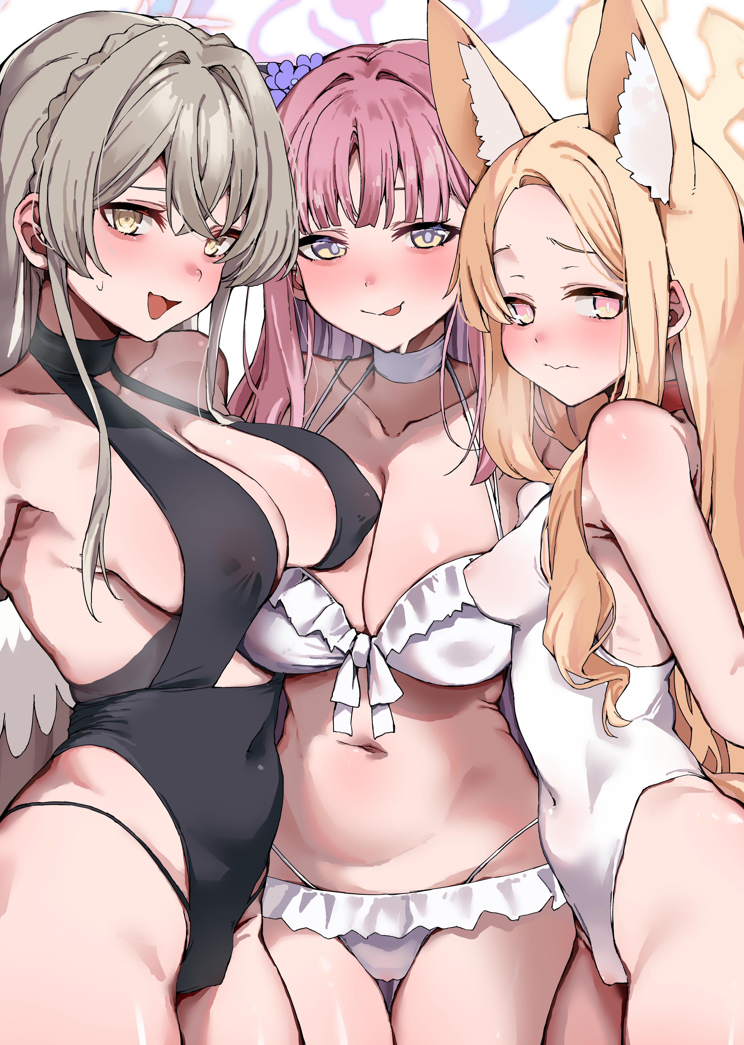 :d, :p, 3girls, animal ear fluff, asymmetrical docking, bare shoulders, bikini, black one-piece swimsuit, blonde hair, blue archive, blush, breast press, breasts, casual one-piece swimsuit, choker, cleavage, closed mouth, collarbone, covered navel, covered nipples, cowboy shot, extra ears, feathered wings, flower, frilled bikini, frills, frown, grey hair, hair flower, hair ornament, halo, heavy breathing, large breasts, long hair, looking at viewer, mika (blue archive), multiple girls, nagisa (blue archive), naughty face, navel, one-piece swimsuit, open mouth, pink eyes, pink hair, purple flower, red choker, seia (blue archive), simple background, small breasts, smile, swimsuit, tea party (blue archive), thigh gap, tongue, tongue out, very long hair, white background, white bikini, white choker, white one-piece swimsuit, wing collar, wings, yellow eyes, yuukauta