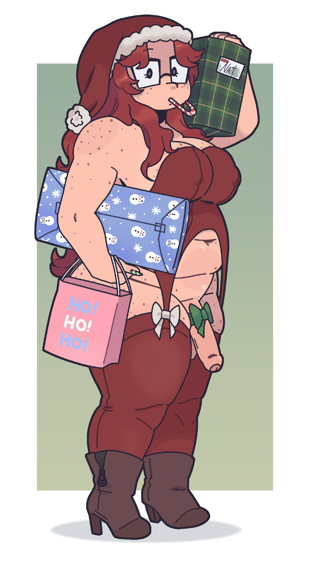 candy cane, christmas, christmas hat, christmas outfit, chubby, chubby female, nat (riteliso), nipple bulge, presents, ribbon on penis, riteliso, trans (lore), trans woman, trans woman (lore), transfem, uncircumcised, uncut, worklunchbox