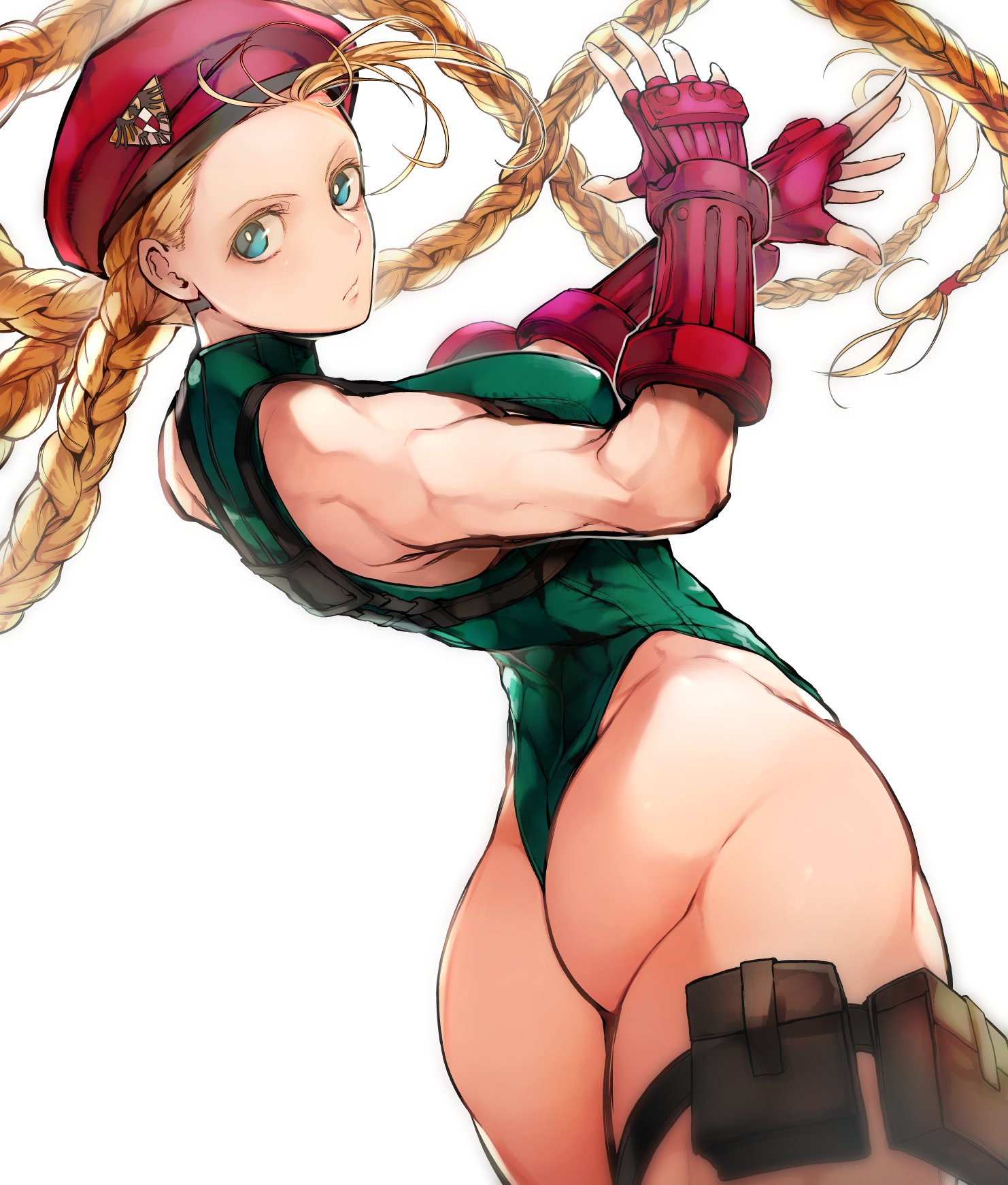 1girls, absurdly long hair, adult, adult female, ass, ass cleavage, ass crack, big breasts, blonde eyebrows, blonde female, blonde hair, blonde hair female, blonde-haired female, blue eyes, blue-eyed female, braid, braided hair, braided twintails, braids, breasts, busty, busty female, busty girl, cammy white, cammy white (street fighter 6), curvaceous, curvaceous ass, curvaceous body, curvaceous female, curvaceous figure, curvaceous hips, curvy, curvy ass, curvy body, curvy female, curvy figure, curvy hips, female, female only, fingerless gloves, gloves, gluteal fold, green leotard, green topwear, head tilt, large boobs, large breasts, leotard, looking back, looking back at viewer, mature, mature female, nipple bulge, nishiide kengorou, plump breasts, red fingerless gloves, red gloves, street fighter, street fighter 6, thick ass, thick butt, tilted head, topwear, twin braids, very long hair, very long hair female, yellow eyebrows, yellow hair, yellow-haired female