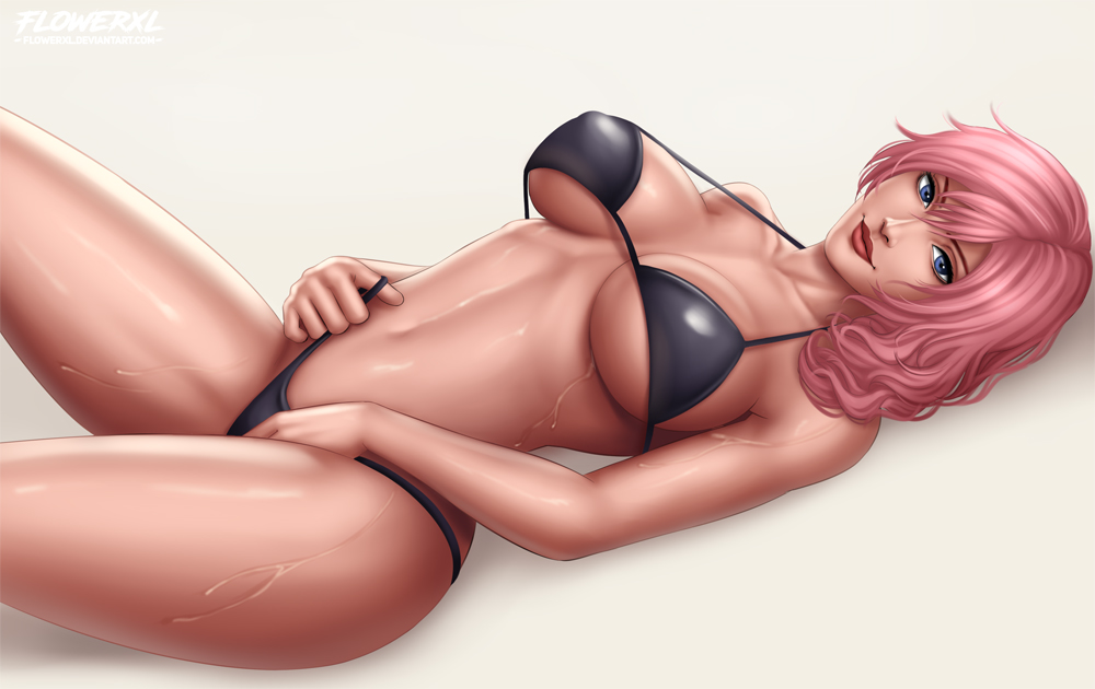1girls, artist name, belly, bikini, bikini bottom, bikini top, blue eyes, breasts, cleavage, covered breasts, dissidia final fantasy, eclair farron, female, female only, final fantasy, final fantasy vii, final fantasy xiii, flowerxl, hips, large breasts, legs, long hair, looking at viewer, lying, midriff, navel, pink hair, solo, square enix, swimsuit, thighs, watermark, web address