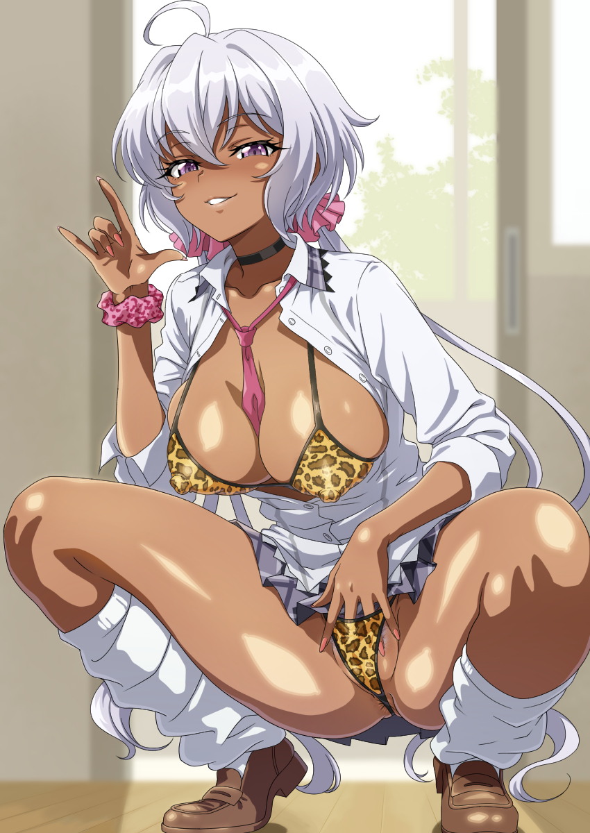 1girls, bra, dark-skinned female, exhibitionism, exhibitionist, female pubic hair, fingering, gyaru, huge breasts, jaguar print, large breasts, necktie between breasts, panties, prostitute, prostitution, pubic hair, school uniform, senki zesshou symphogear, spread legs, syunzou, yukine chris