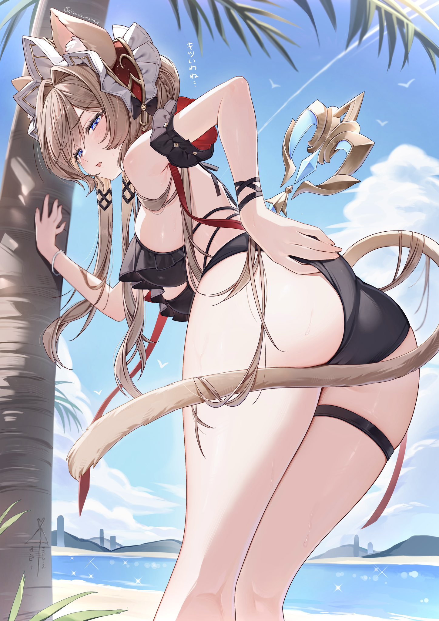 1girls, adjusting clothes, adjusting panties, animal ears, animal tail, artist request, artist signature, ass, beach, bent over, bikini, black bikini, black swimsuit, blonde hair, blue eyes, blush, brown hair, cat ears, cat girl, cat tail, female, female only, frilled bikini, frills, genshin impact, hair intakes, hoyoverse, in public, kemonomimi, light skin, light-skinned female, mihoyo, palm tree, sandrone (genshin impact), skindentation, solo, swimsuit, thigh strap, tight clothing