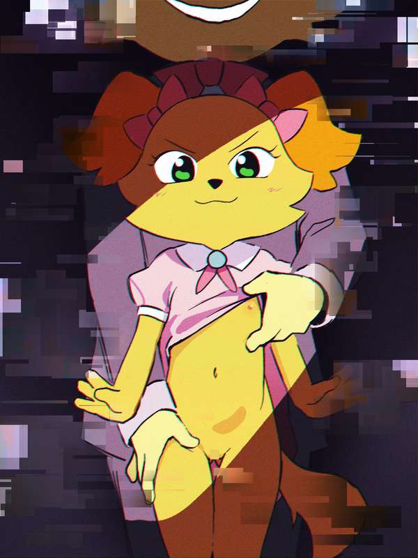 1boy, 1girls, anthro, anthro female, anthro male, anthro on anthro, anthro only, belly button, bird dog, blushing, bow ribbon, bowtie, canid, canine, canis, cat, cat boy, cub, cub on cub, dog, dog girl, dog tail, domestic cat, domestic dog, eliot (giggleland), ella (giggleland), elliot (giggleland), exposed body, exposed pussy, eyebrows, eyelashes, felid, feline, felis, female, female cub, flat chest, floppy ears, fur, furry, furry female, furry male, furry only, giggleland, glitching, green eyes, hand on thigh, larger male, lifting dress, looking at viewer, male, male cub, male/female, mascot horror, nipples, no panties, orange body, orange fur, pink dress, purple suit, ribbon, ribbons, size difference, small breasts, smaller female, smile, smiley face, yellow body, yellow fur, young, young anthro, young female, young male, younger female, younger male