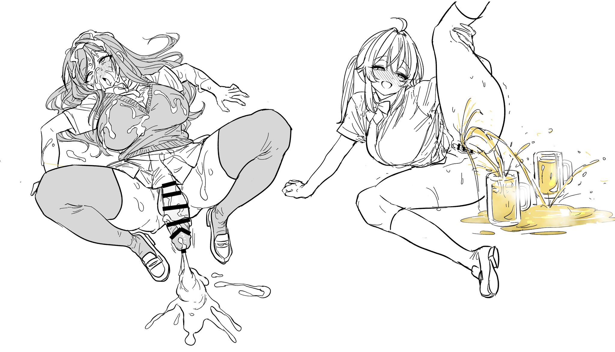 1futa, 1girls, big penis, censored, cum, cum on self, ejaculation, female, futanari, kutsukake0801, leg up, long hair, mug, no panties, no underwear, peeing, peeing in cup, penis, pussy, shirt, shoes, skirt, sweat, thighhighs, watersports