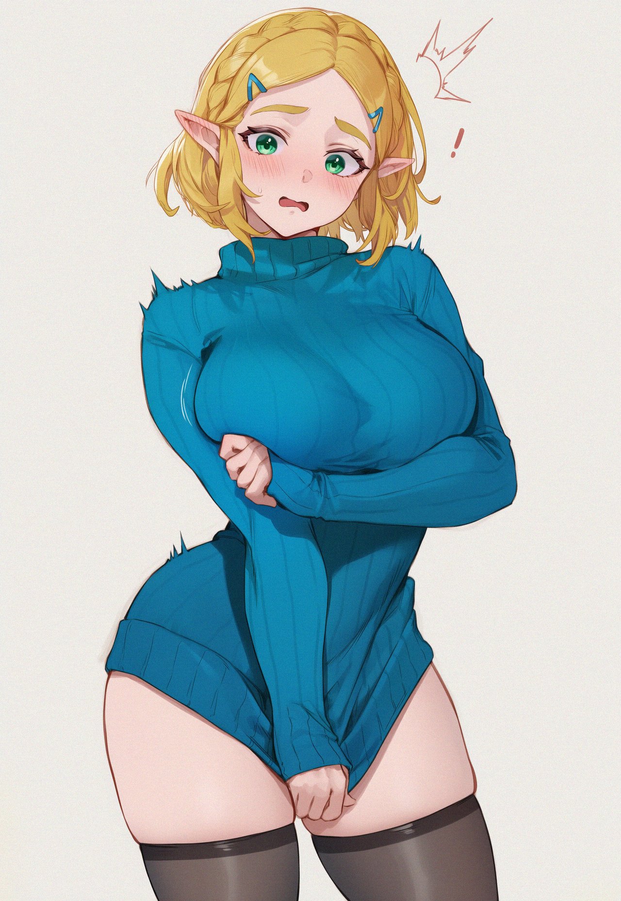 1girls, ai generated, bangs, blonde hair, blush, braid, breasts, covering, female, green eyes, hair ornament, hairclip, large breasts, long sleeves, looking at viewer, open mouth, pointy ears, princess zelda, setsuaiart, short hair, solo, surprised, sweater, the legend of zelda, thick eyebrows, thighhighs, thighs, turtleneck