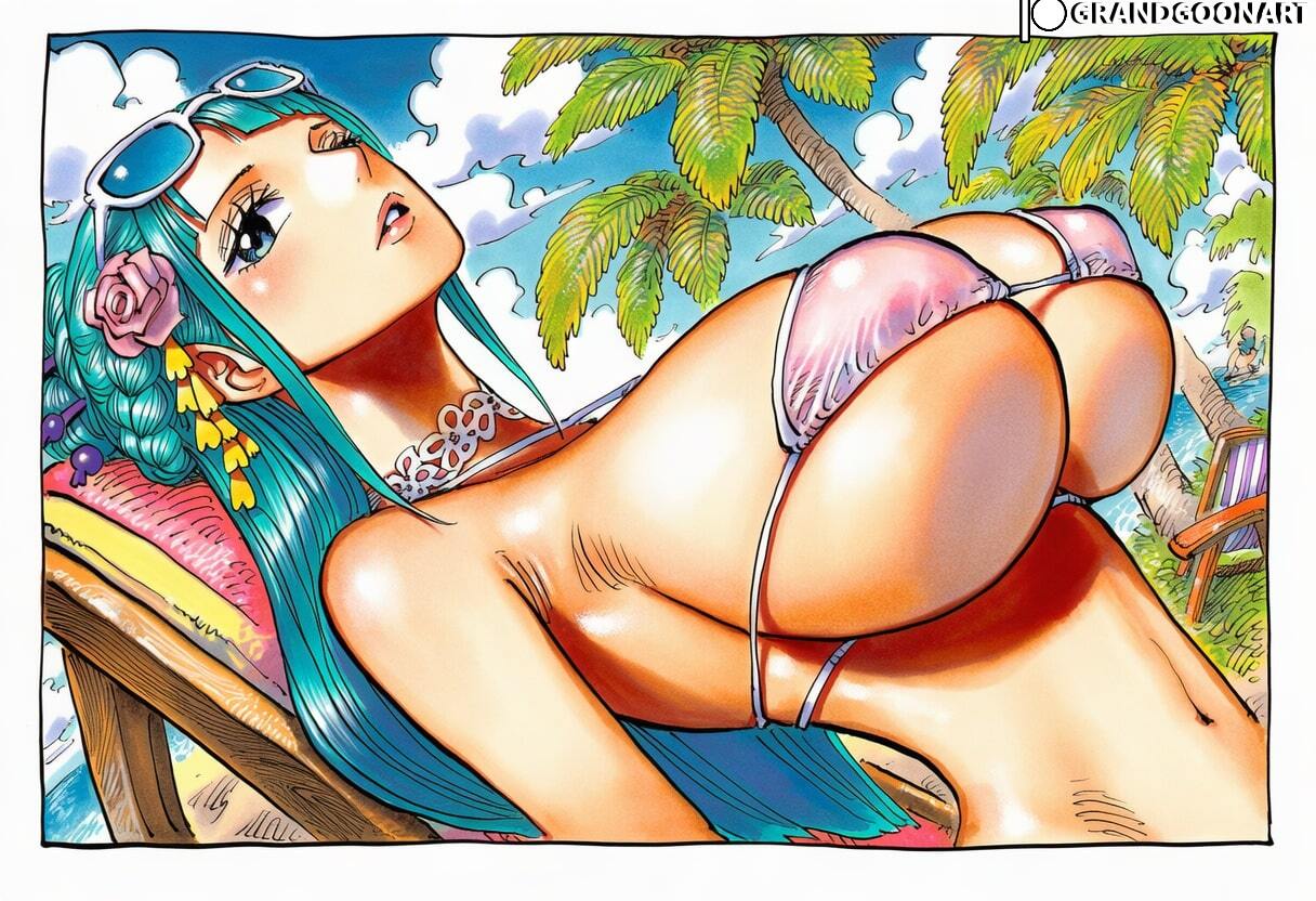 1girls, accurate art style, ai generated, beach, bikini, blue eyes, breasts bigger than head, curvaceous, curvy female, cyan hair, female, female only, gigantic breasts, grandgoonart, green hair, green-haired female, hair bun, hair ornament, huge breasts, kozuki hiyori, light skin, light-skinned female, linea alba, long hair, looking at viewer, manga style, massive breasts, one piece, solo female, squatting, sunglasses, sunglasses on head, sweat, sweatdrop, voluptuous, voluptuous female