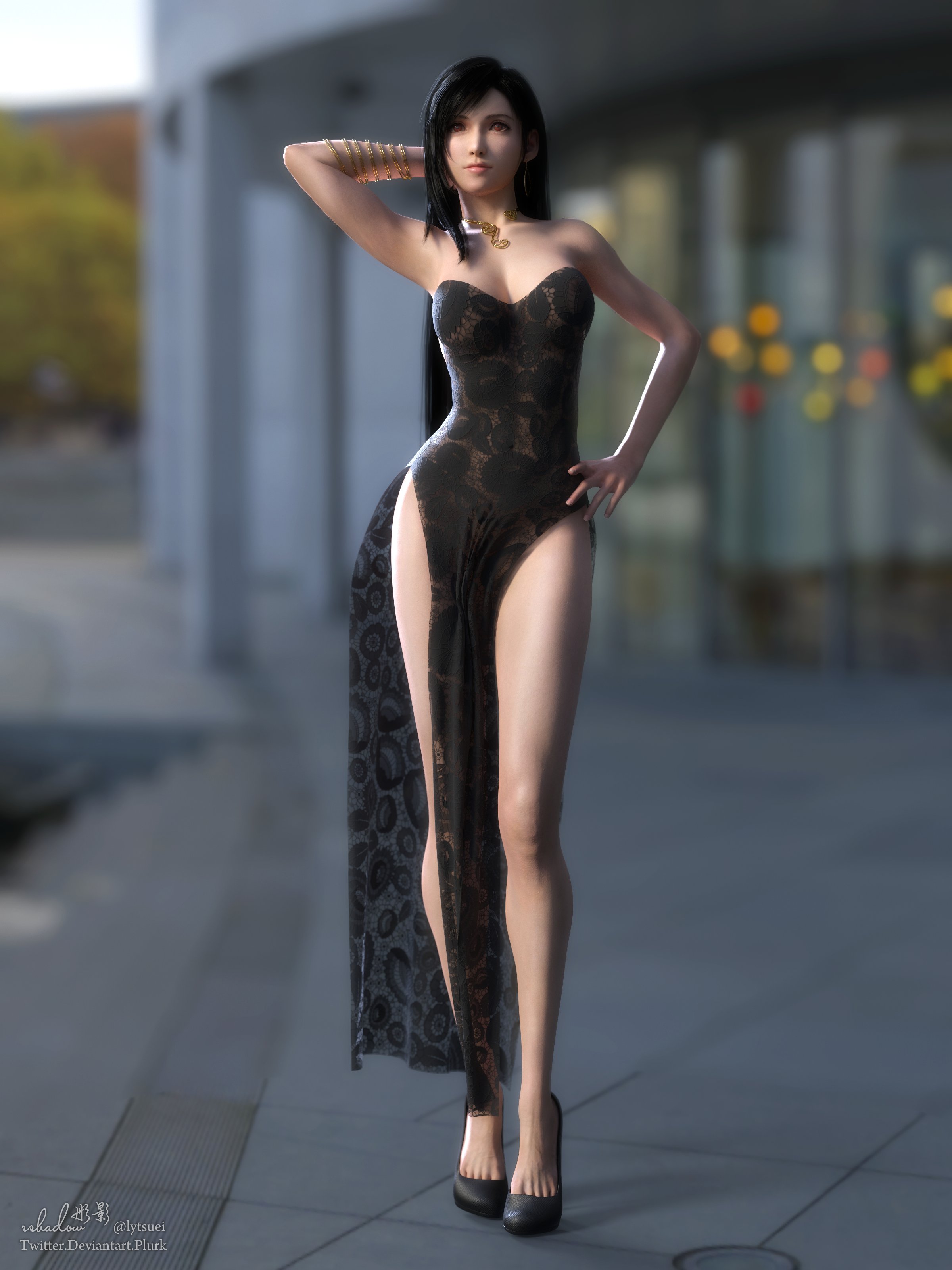 1girls, 3d, 3d (artwork), 3d model, 3d render, artist name, artist signature, black dress, black hair, blurry background, cleavage, clothed, clothed female, deviantart username, dress, earrings, female, female only, final fantasy, final fantasy vii, final fantasy vii rebirth, final fantasy vii remake, hand behind head, hand on hip, high heels, highres, jewelry, light skin, light-skinned female, long hair, lytsuei, mansion, modeling, necklace, non-nude, one arm up, outside, pelvic curtain, posing, posing for the viewer, pumps, red eyes, rshadow, see-through clothing, shoes, showing leg, solo, strapless, strapless dress, tifa lockhart, twitter username, wristband