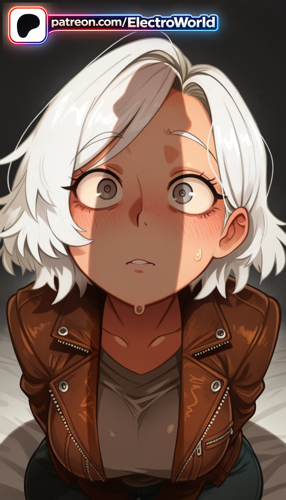 1girls, 2026, ai generated, artist name, blush, breasts, brown jacket, bust, capcom, chest, electroworld, female, grace ashcroft, grey eyes, hi res, high quality, high resolution, highres, jacket, patreon, patreon username, resident evil, resident evil 9: requiem, short hair, solo, stable diffusion, watermark, white hair