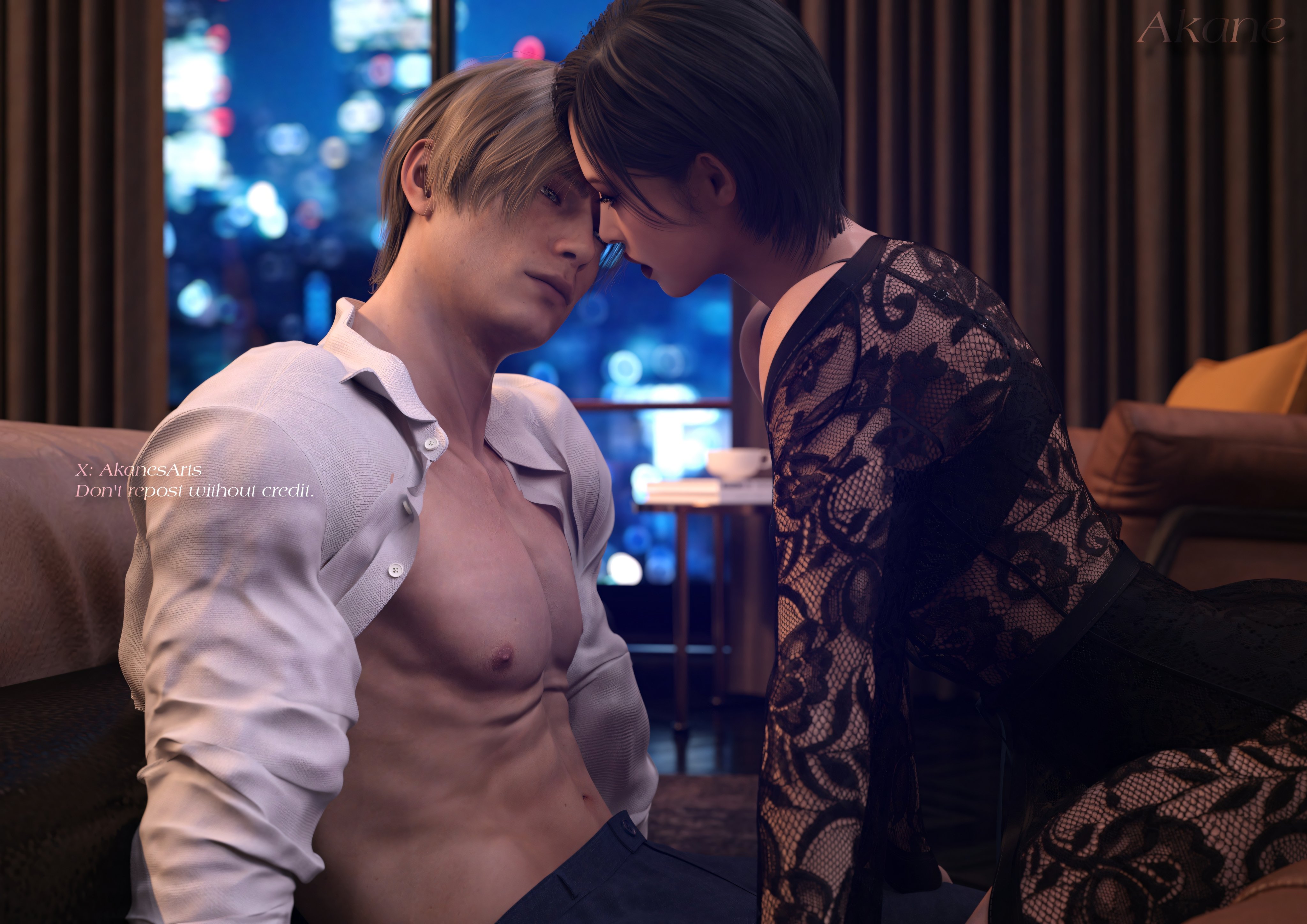 1girls, 3d, 3d (artwork), 3d model, 3d render, about to kiss, ada wong, ada wong (adriana), akanesarts, asian, asian female, bedroom, black hair, blonde hair, brown eyes, buttoned shirt, cowgirl position, fit, fit female, fit male, highres, leon scott kennedy, open shirt, resident evil, resident evil 4, resident evil 4 remake, see-through, see-through clothing, see-through robe, short hair, sitting on floor, sitting on person, teasing, twitter username
