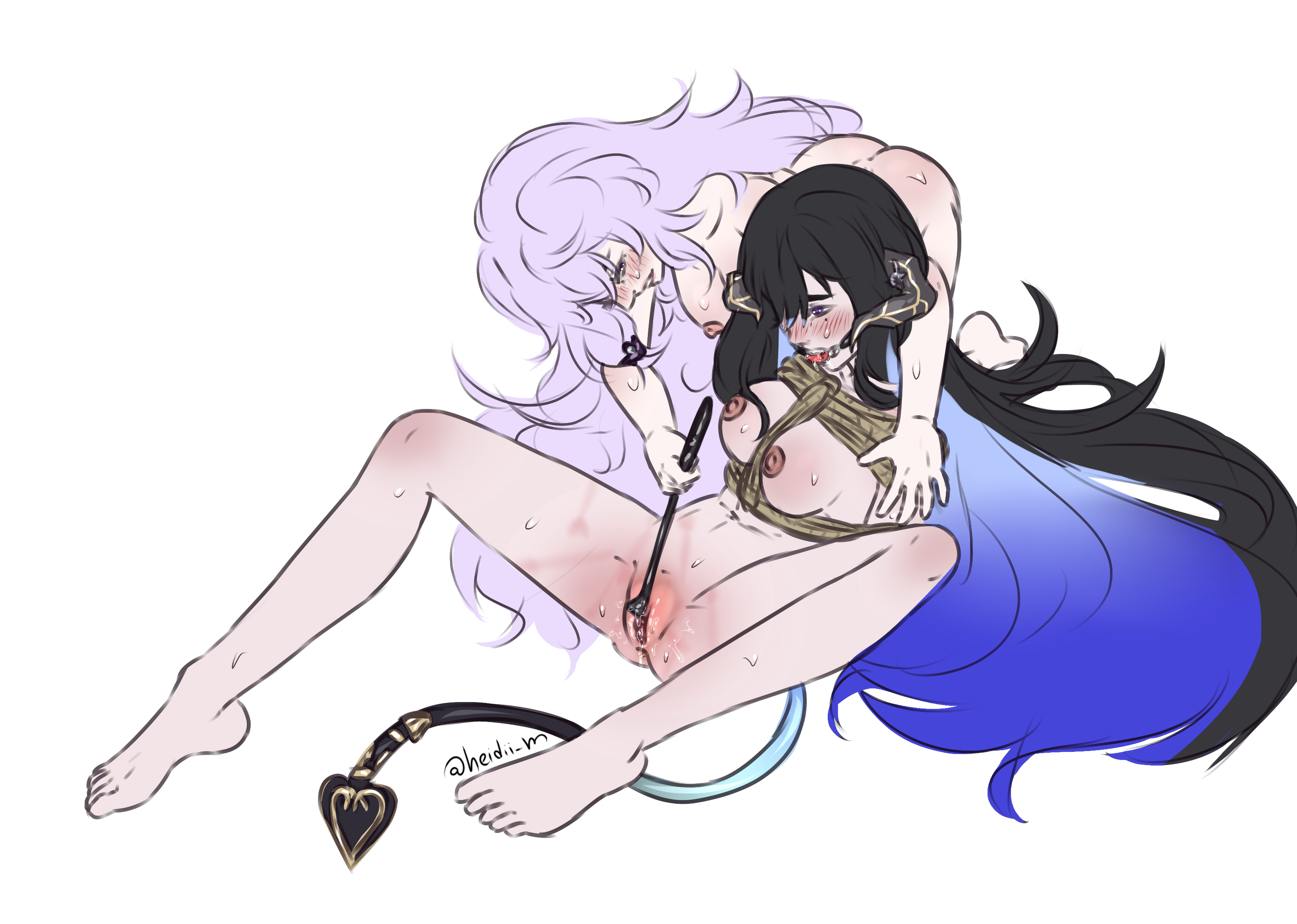 2girls, black hair, black swan (honkai: star rail), bondage, breasts, constance (honkai: star rail), dominant female, heidibiersack, heidii m, honkai: star rail, horns, lavender hair, pussy, riding crop, submissive female, succubus, tail, yuri
