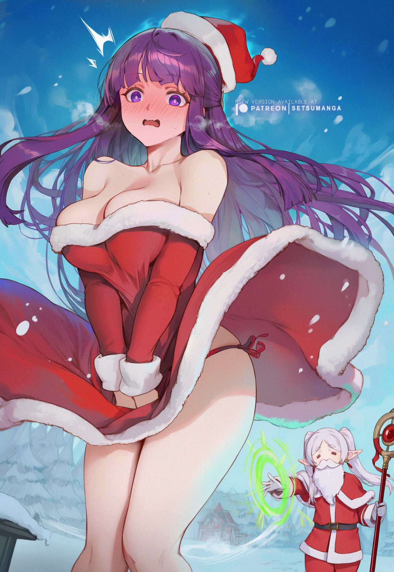 2girls, ai generated, bare shoulders, blush, breasts, christmas, cleavage, dress, fern (sousou no frieren), frieren, fur trim, fur-trimmed dress, hat, large breasts, long hair, long sleeves, multiple girls, open mouth, panties, purple eyes, purple hair, red dress, sack, santa costume, santa hat, setsuaiart, sousou no frieren, strapless dress, underwear, very long hair