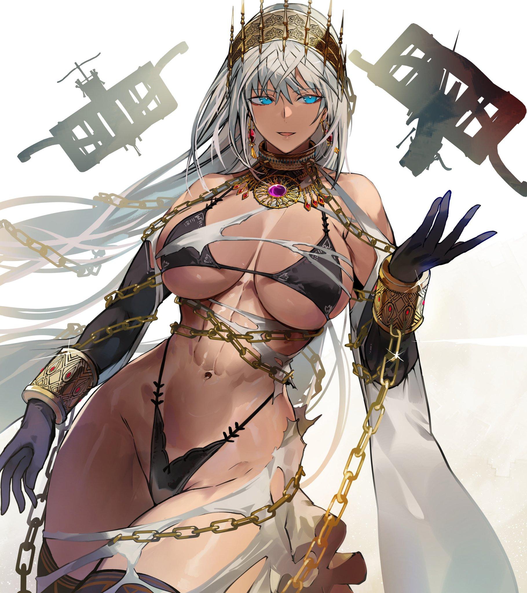 1girls, 2d, 2d (artwork), 2d artwork, abs, absurdly long hair, adult, adult female, bare belly, bare chest, bare hips, bare midriff, bare navel, bare shoulders, bare skin, bare thighs, belly, belly button, big breasts, bikini, bikini bottom, bikini top, black bikini, black bikini bottom, black bikini top, black elbow gloves, black gloves, black legwear, black long gloves, black micro bikini, black stockings, black string bikini, black swimsuit, black swimwear, black thigh highs, black thighhighs, blue eyes, blue-eyed female, breasts, brown skin, brown skinned female, brown-skinned female, busty, busty female, busty girl, collarbone, curvaceous, curvaceous body, curvaceous female, curvaceous figure, curvaceous hips, curvy, curvy body, curvy female, curvy figure, curvy hips, digital, digital art, digital drawing, digital drawing (artwork), digital media, digital media (artwork), ear piercing, ear piercings, earrings, elbow gloves, elbows, exposed belly, exposed chest, exposed hips, exposed midriff, exposed navel, exposed shoulders, exposed skin, exposed thighs, eyebrows visible through hair, fate (series), fate/grand order, female, female focus, female only, fingers, gloves, gold (metal), gold bracelet, gold chain, gold earrings, gold jewelry, groin, hair ornament, hair ornaments, half-closed eyes, halterneck, high resolution, highres, hourglass figure, huge boobs, huge breasts, inframammary fold, inguinal crease, inguinal ligament, large boobs, large breasts, lean figure, legs closed, legs together, legwear, long gloves, long hair, looking at viewer, mature, mature female, micro bikini, midriff, muscular, muscular female, narrow waist, navel, nishiide kengorou, open mouth, open mouth smile, parted lips, pierced ear, pierced ears, plump breasts, shoulders, simple background, slender body, slender waist, slim waist, smile, smiley face, smiling, smiling at viewer, solo, standing, stockings, stomach, string bikini, swimsuit, swimwear, thick thighs, thigh highs, thighhighs, thighs, thighs together, thong bikini, tongue, upper body, very long hair, very long hair female, white background, white eyebrows, white hair, white-haired female, wide hips, zenobia (fate)