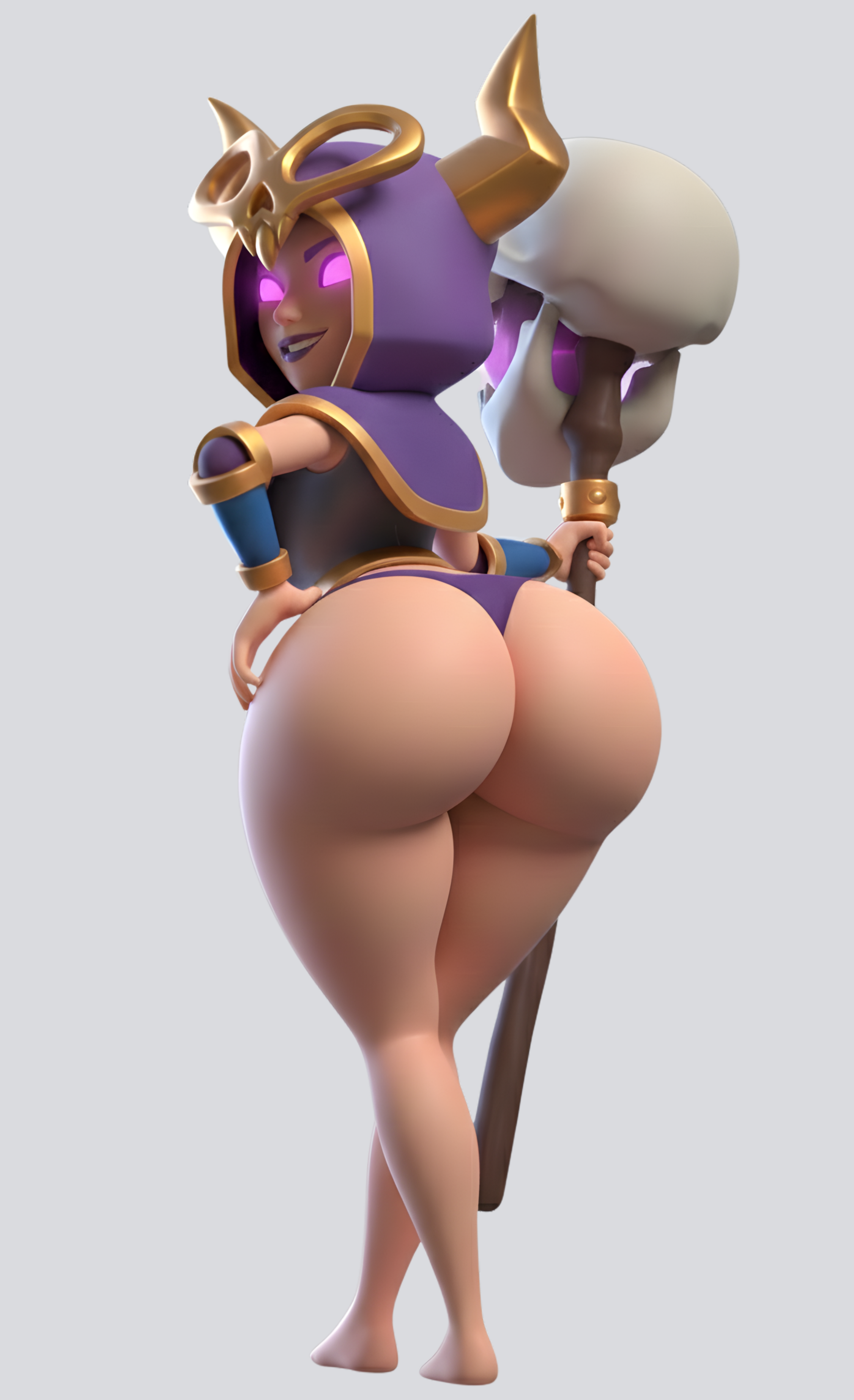 1girls, ai assisted, ai generated, ass, ass focus, clash (series), clash royale, cloak, clothed, clothed female, evolution witch (clash royale), female, female only, hand on ass, littlebigdih, looking at viewer, looking back, panties, pov, sexy, smile, smile at viewer, staff, supercell, walking, walking away, white background, witch (clash of clans), witch (clash royale)