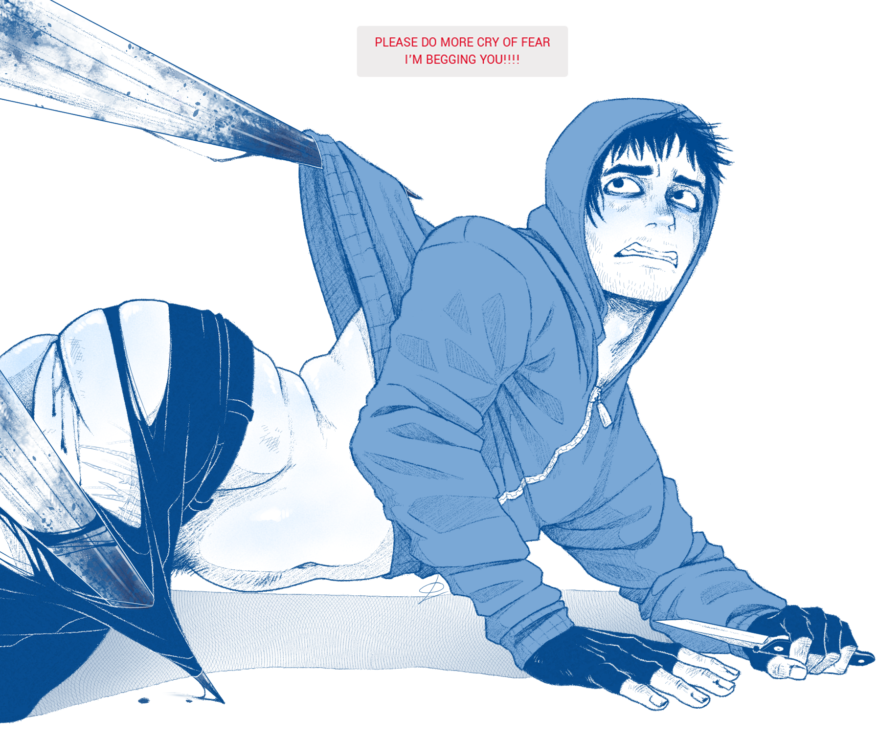 ass, ass focus, black and white, blood splatter, chubby, chubby male, crawling, cry of fear, faster (cry of fear), gay, gay male, gloves, half-dressed, hoodie, knife, male, male focus, male only, non con, oukamocha, pubic hair, rape, scared, scared expression, scratches, self harm scars, simon henriksson, theyaoiking, torn clothes, torn clothing, torn pants, wounded, yaoi