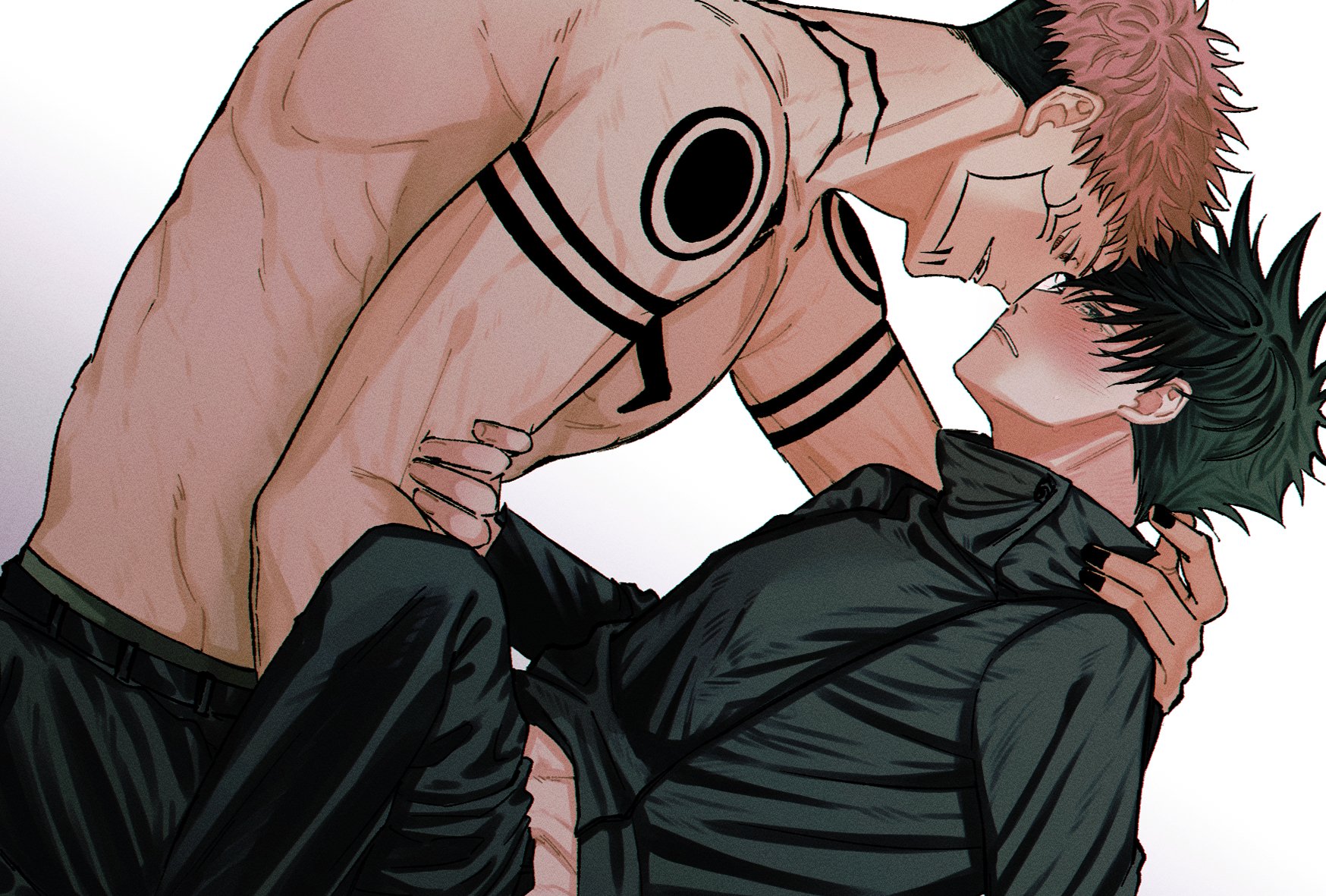 2boys, black hair, clothing, domination, fushiguro megumi, fushirun rung, hand around neck, jujutsu kaisen, male only, muscular, pink hair, ryoumen sukuna (jujutsu kaisen), tattoo, tears, yaoi