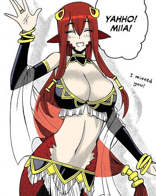 1girls bra bracelet breasts closed_eyes elbow_gloves female female_only hair_ornament lamia long_hair manga miia's_mother_(monster_musume) monster_girl monster_musume_no_iru_nichijou navel official_art okayado open_mouth pointy_ears red_hair scales skirt solo